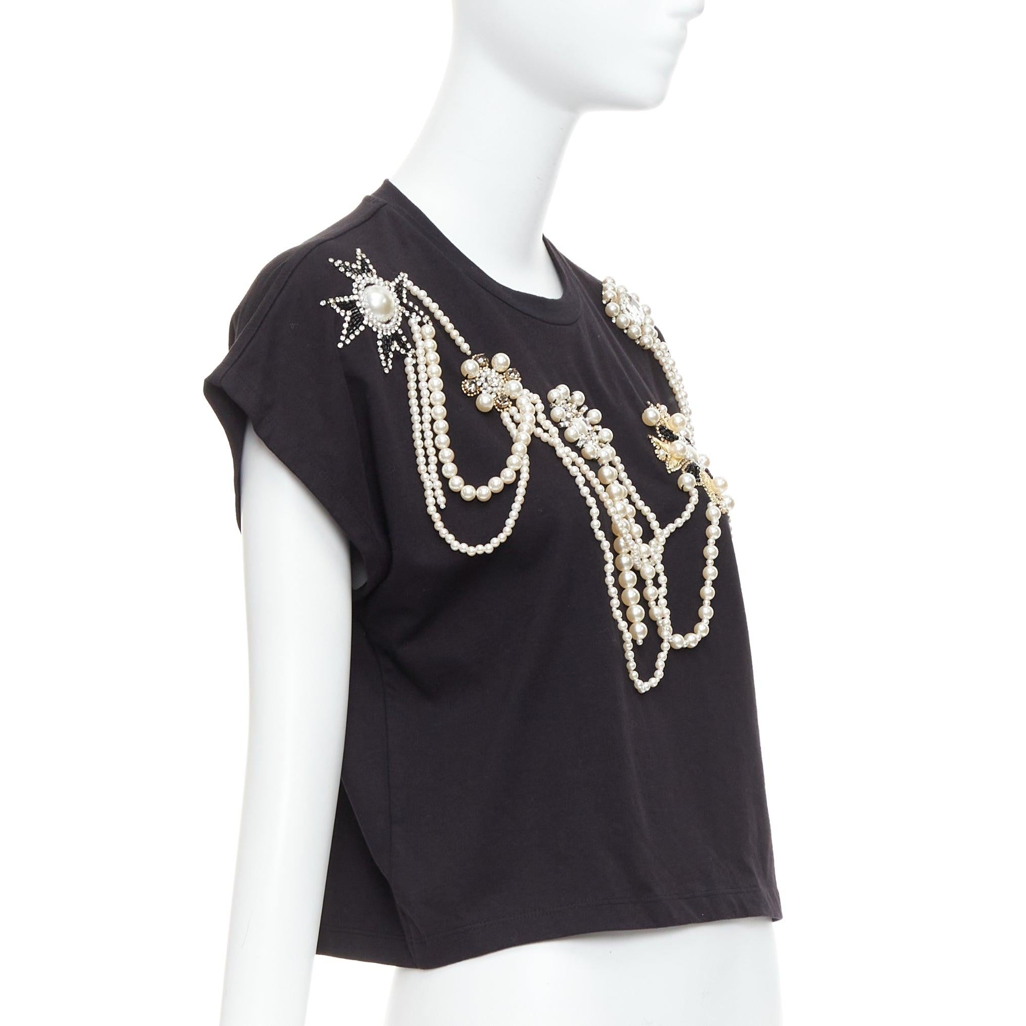 Black BALMAIN black cotton pearl bead embellished crop tshirt XS For Sale