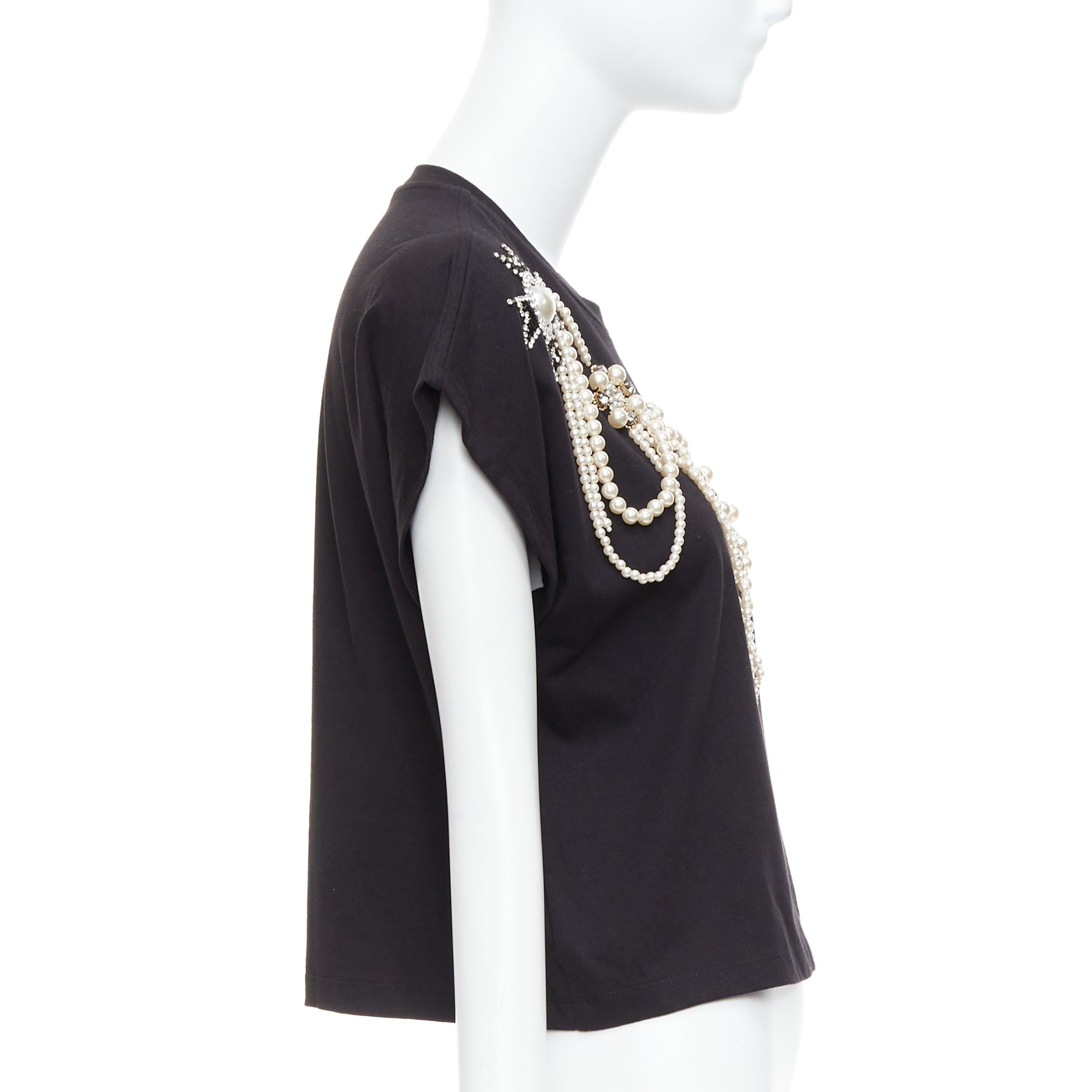 BALMAIN black cotton pearl bead embellished crop tshirt XS In Excellent Condition For Sale In Hong Kong, NT