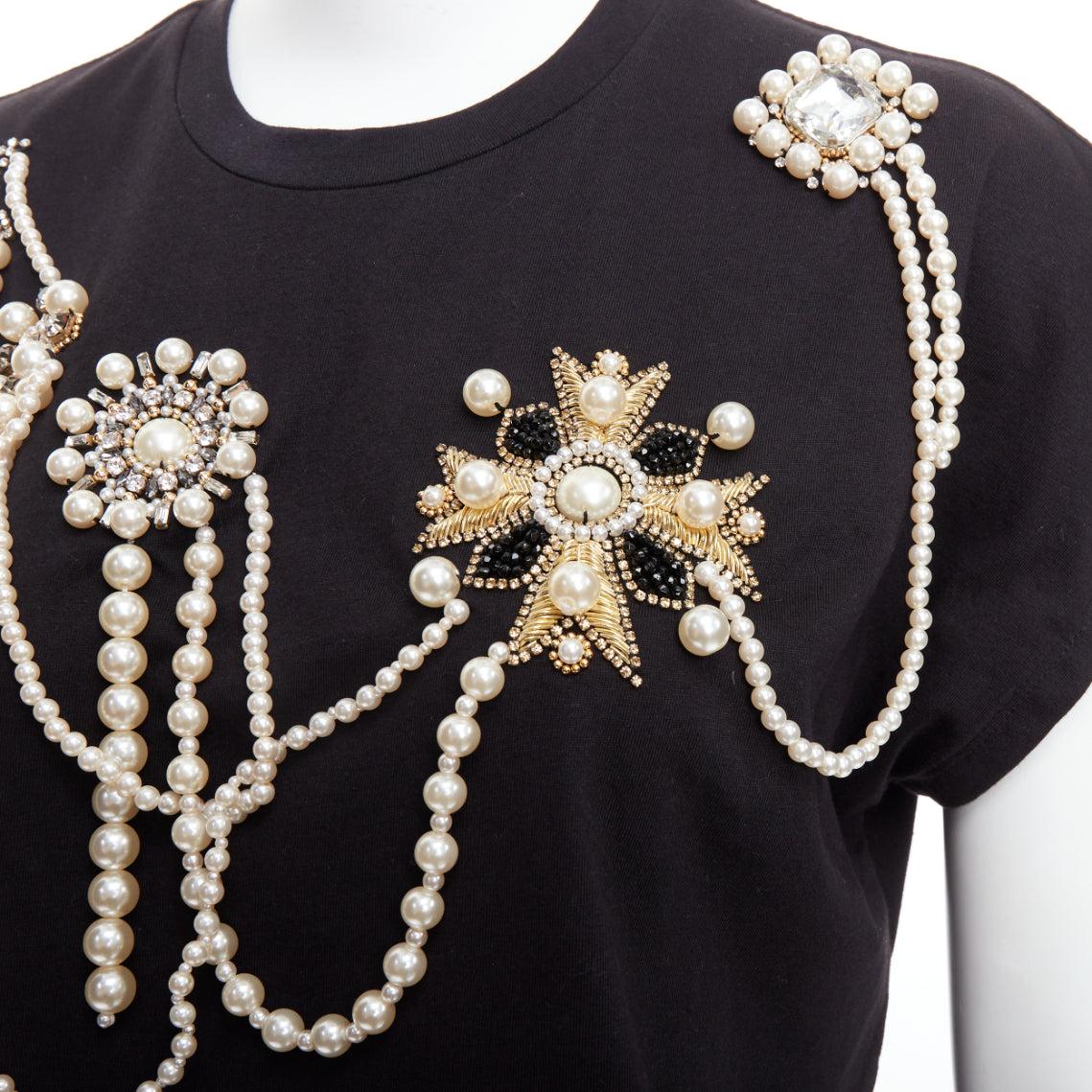 BALMAIN black cotton pearl bead embellished crop tshirt XS For Sale 2