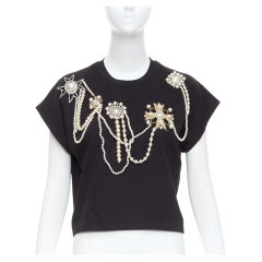 BALMAIN black cotton pearl bead embellished crop tshirt XS