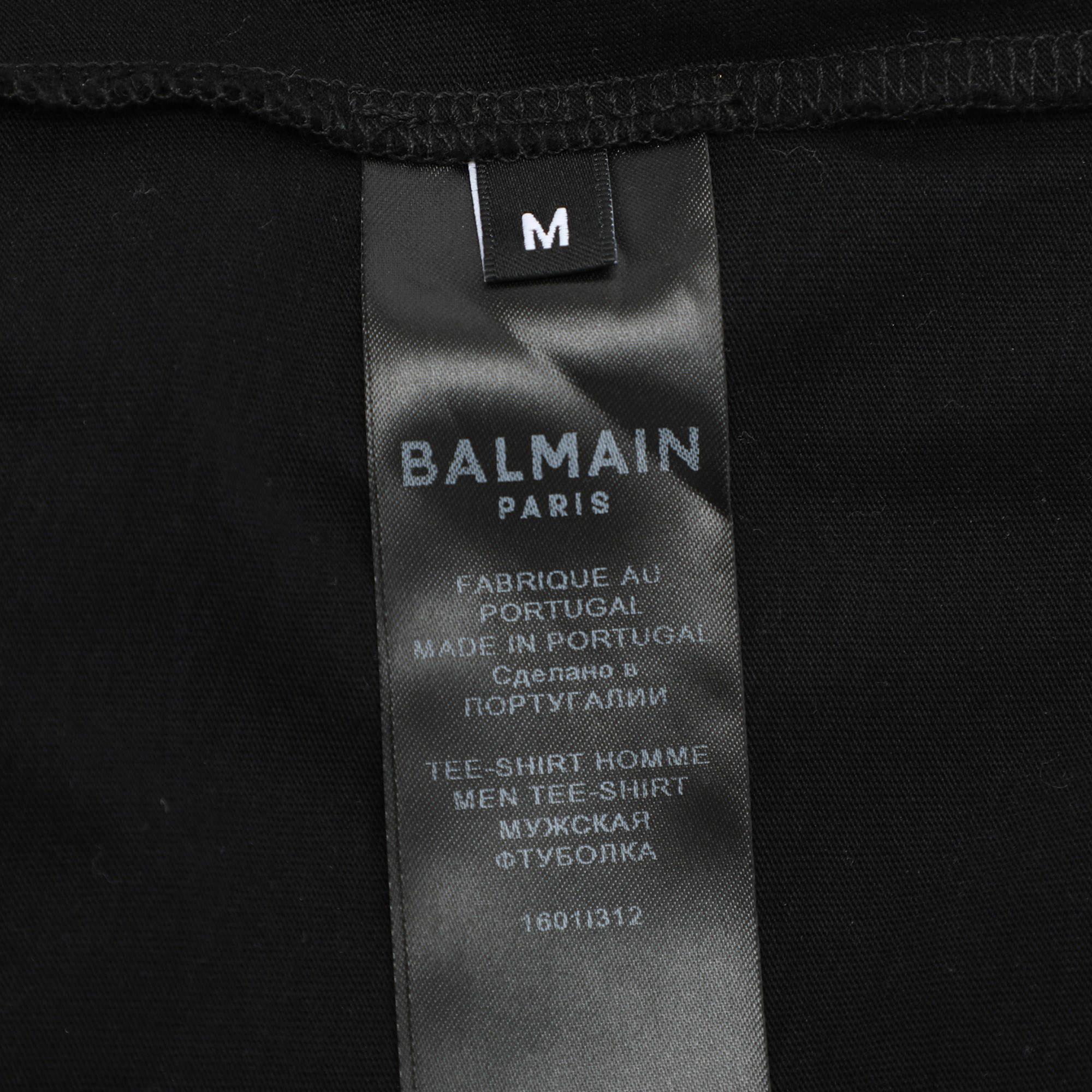 Balmain Black Cotton Printed Logon Short Sleeves T-Shirt M For Sale 1