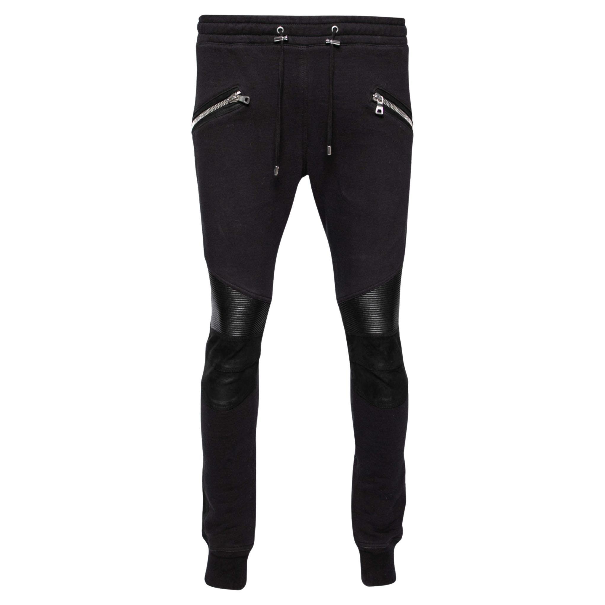 Balmain Black Cotton Rib Paneled Biker Track Pants L