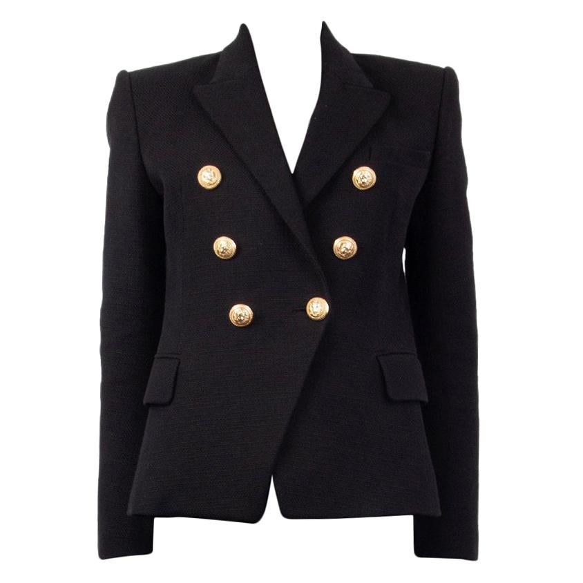 BALMAIN black cotton SIGNATURE DOUBLE BREASTED Blazer Jacket 38