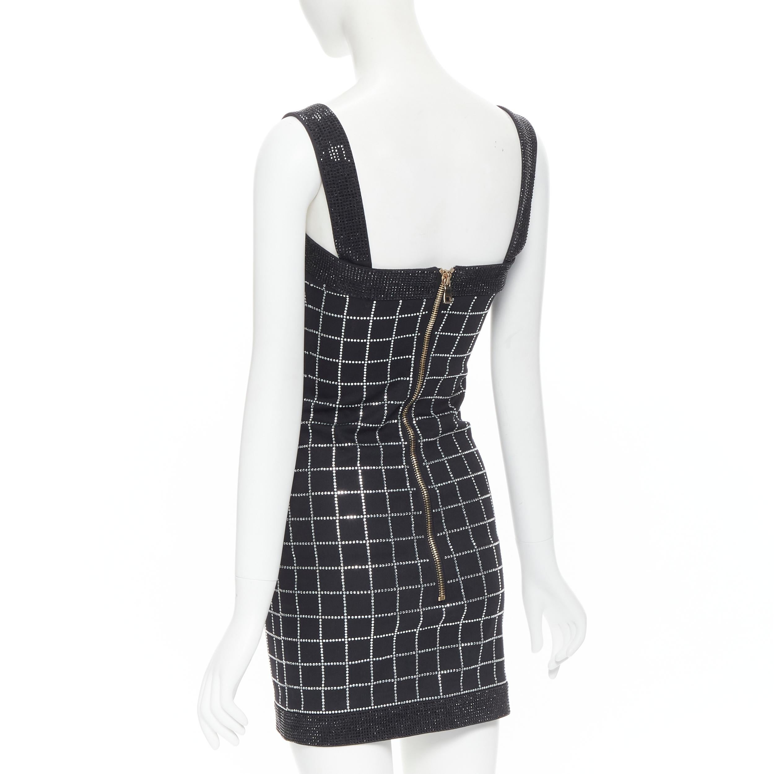 Black BALMAIN black cotton silver crystal embellished embellished mini dress FR34 XS For Sale