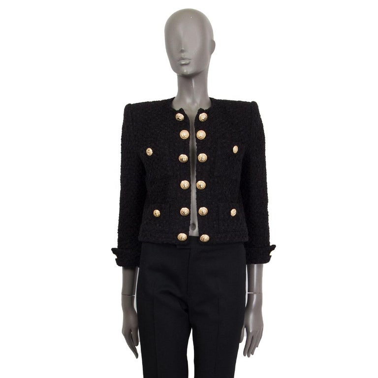 BALMAIN black cotton TWEED CROPPED OPEN Blazer Jacket 40 M at