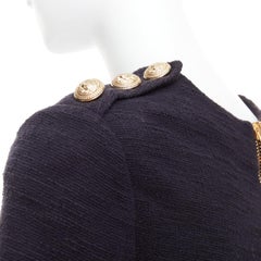 BALMAIN black cotton tweed gold Lionhead button zip back top FR38 M