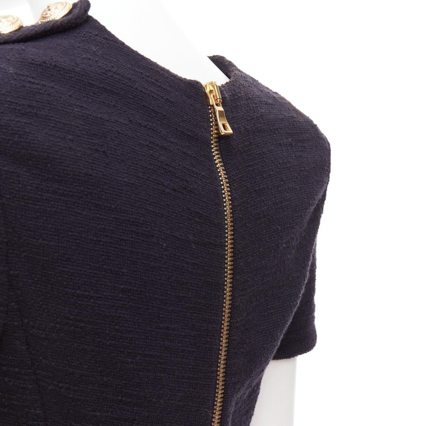 BALMAIN black cotton tweed gold Lionhead button zip back top FR38 M For Sale 2