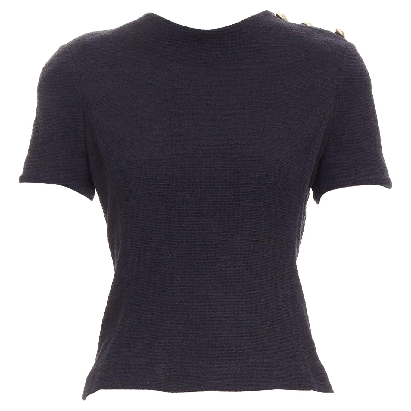 Balmain - Top en tweed de coton noir avec boutons dorés en forme de tête de lion - dos zippé FR38 M
