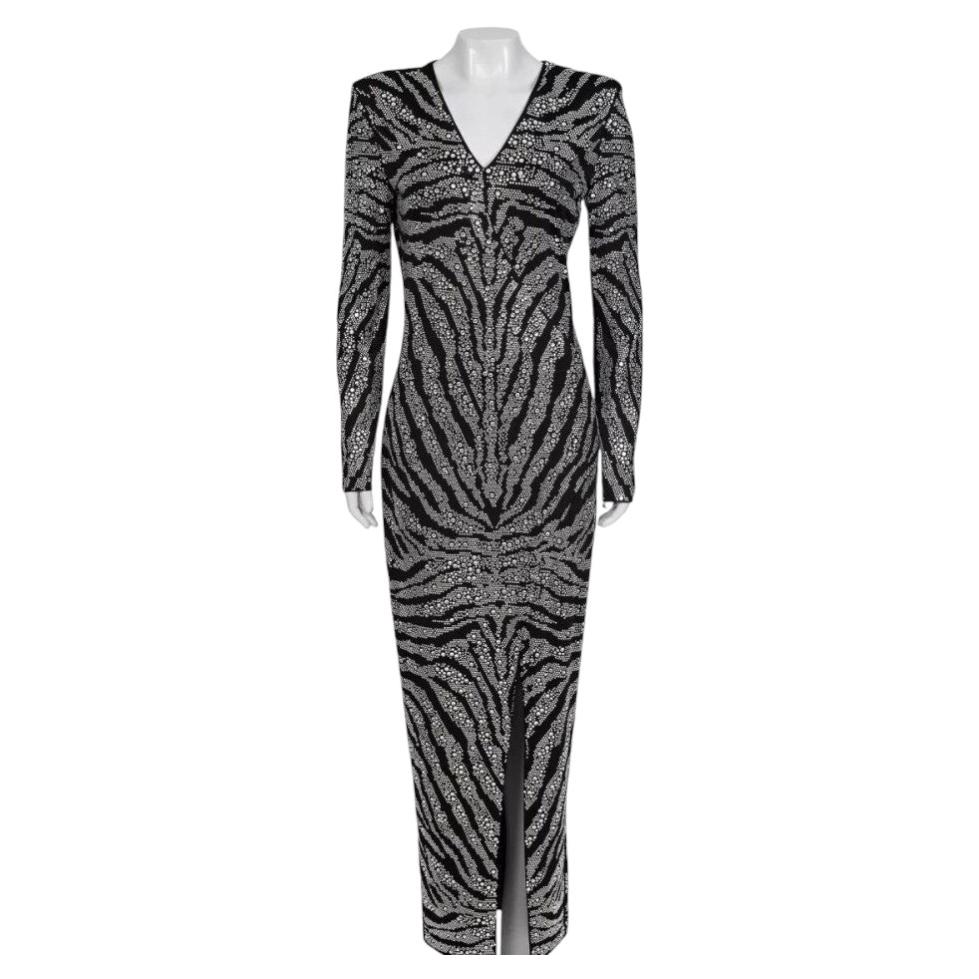 Pre-owned Balmain Black Crystal Embellished Long Sleeve Fitted Maxi Dress Xs