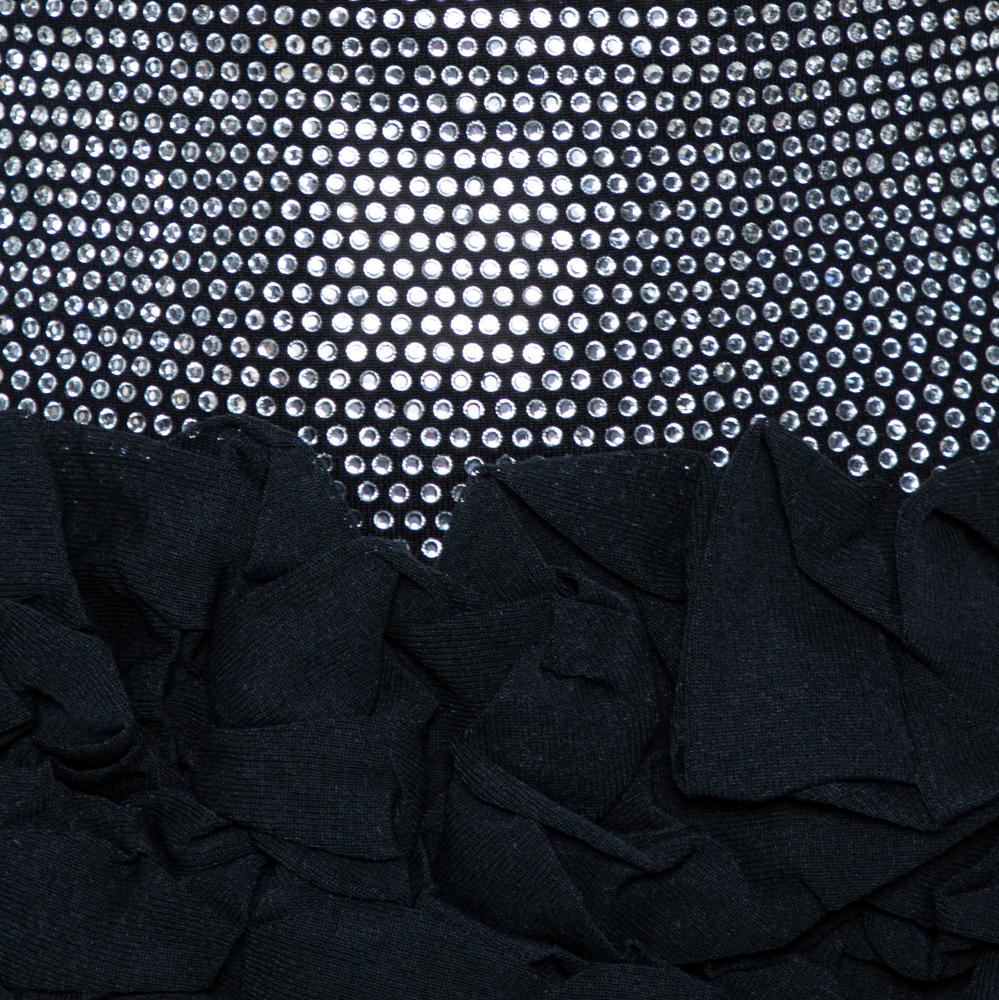 Women's Balmain Black Crystal Embellished Strapless Ruffle Mini Dress M