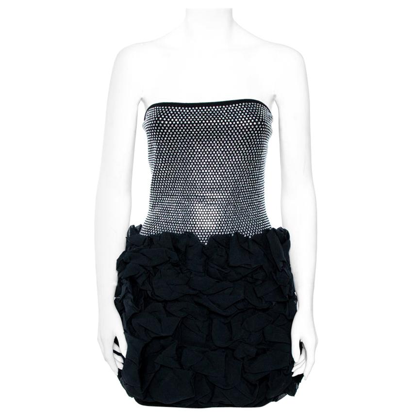 Balmain Black Crystal Embellished Strapless Ruffle Mini Dress M