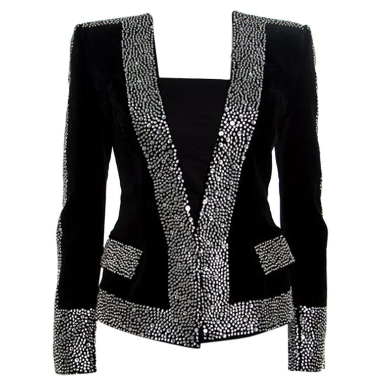 Balmain Black Crystal Embellished Velvet Tailored Power Shoulder Blazer M at 1stDibs high shoulder blazer, blazer, crystal embellished jacket