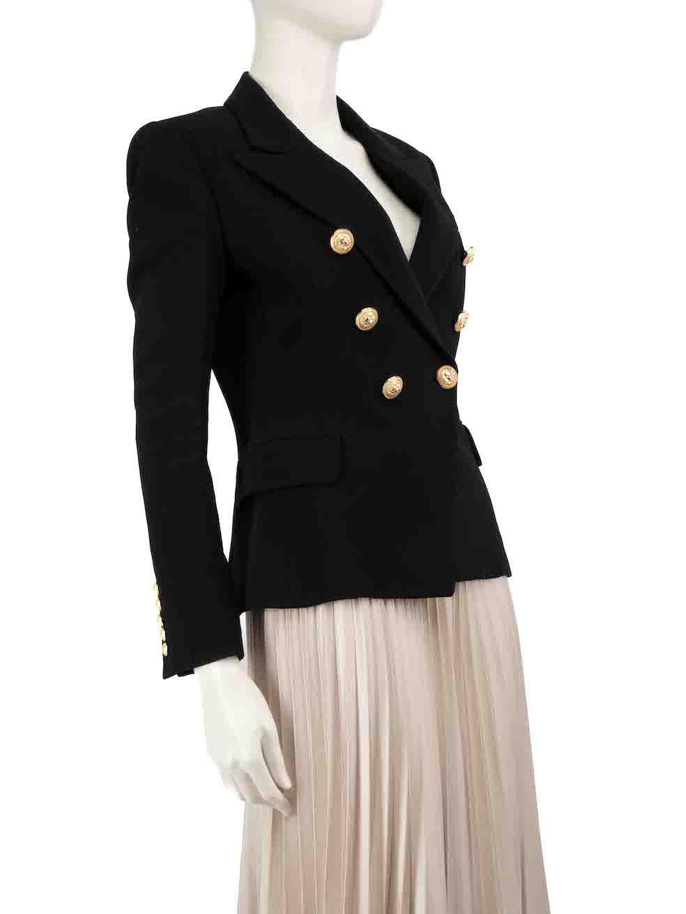 CONDITION is Very good. Hardly any visible wear to jacket is evident on this used Balmain designer resale item.
 
 
 
 Details
 
 
 Black
 
 Viscose
 
 Blazer
 
 Double breasted
 
 Gold button detail
 
 Shoulder pads
 
 Button up fastening
 
