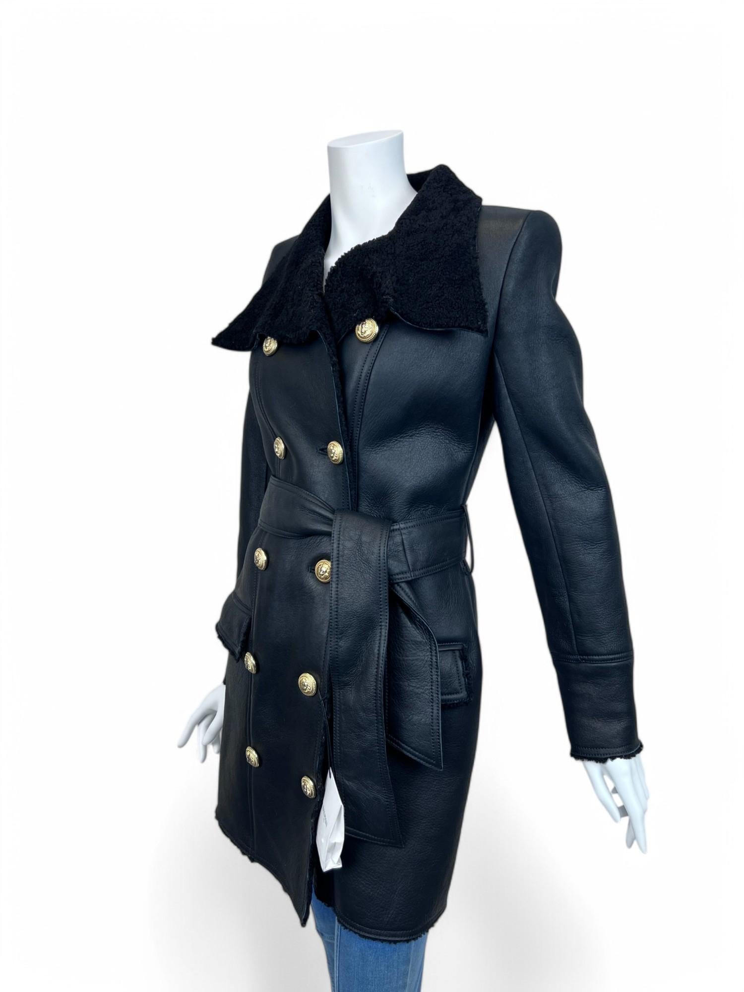 Balmain Black Double-Breasted Shearling Coat In Excellent Condition For Sale In West Hartford, CT