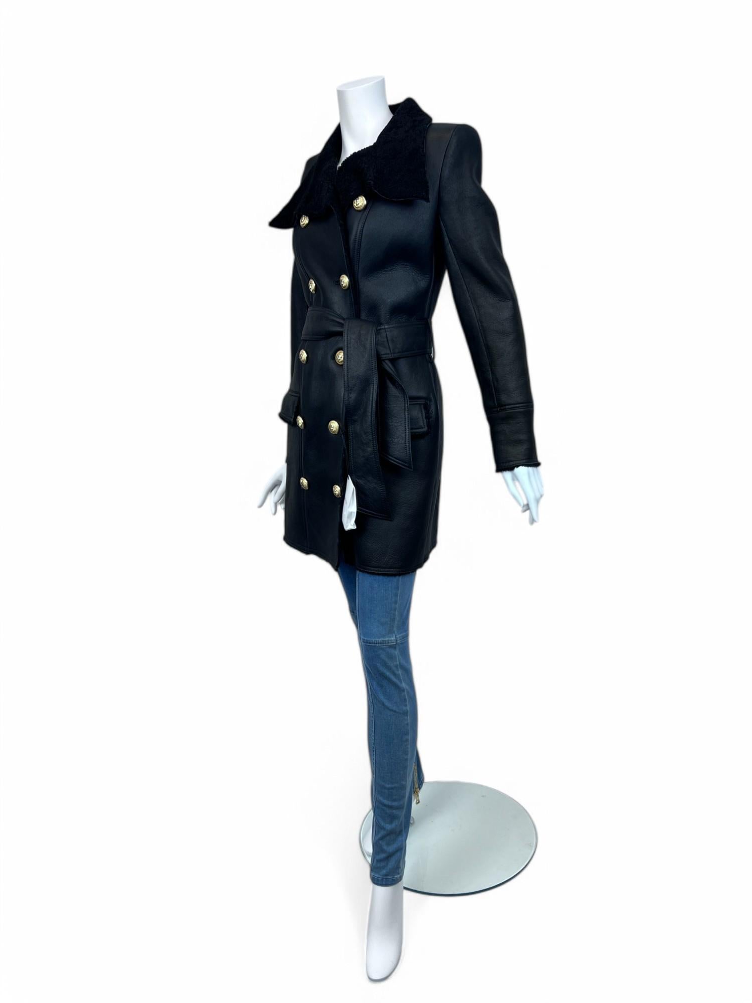Women's Balmain Black Double-Breasted Shearling Coat For Sale