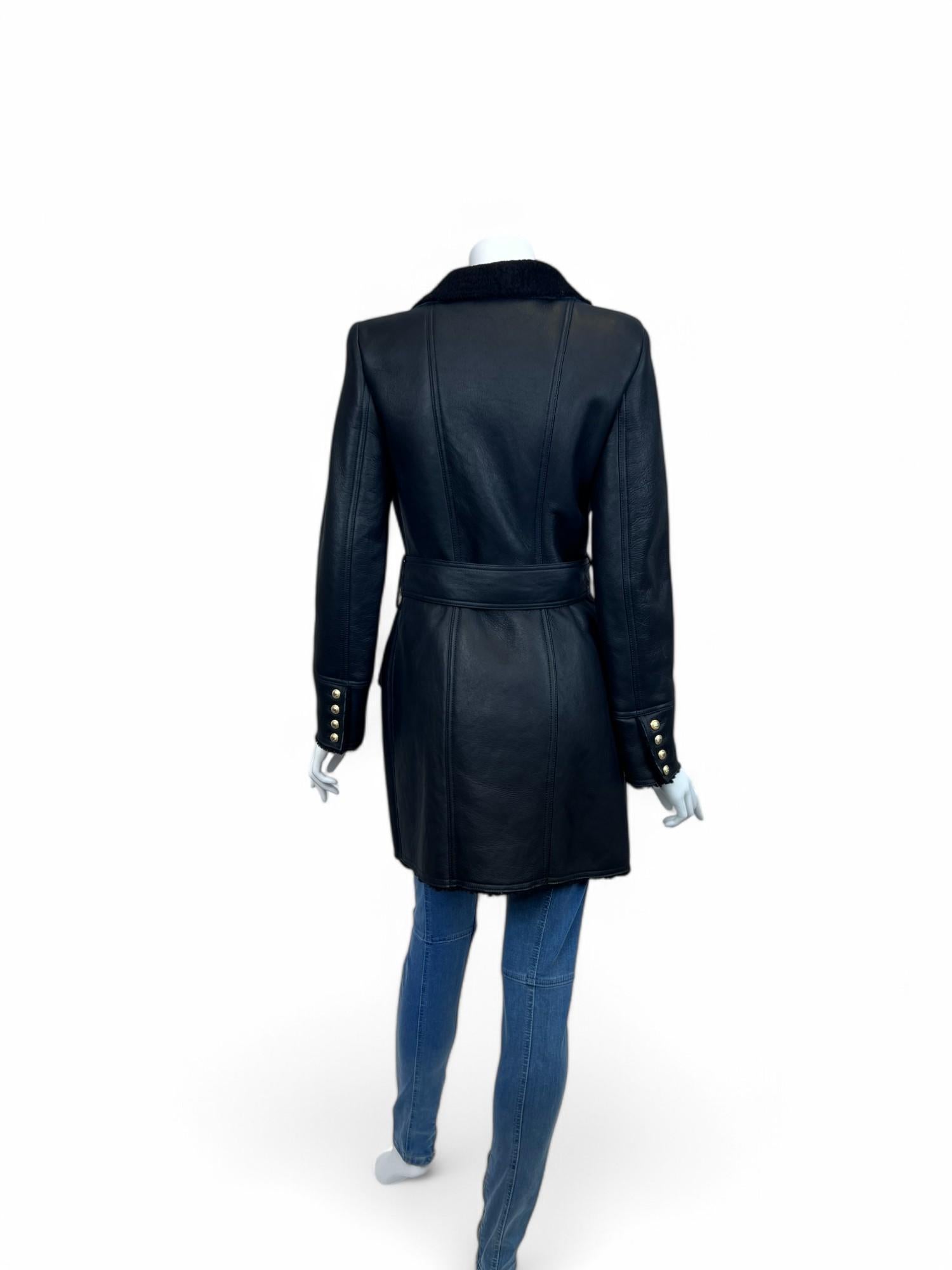 Balmain Black Double-Breasted Shearling Coat For Sale 3