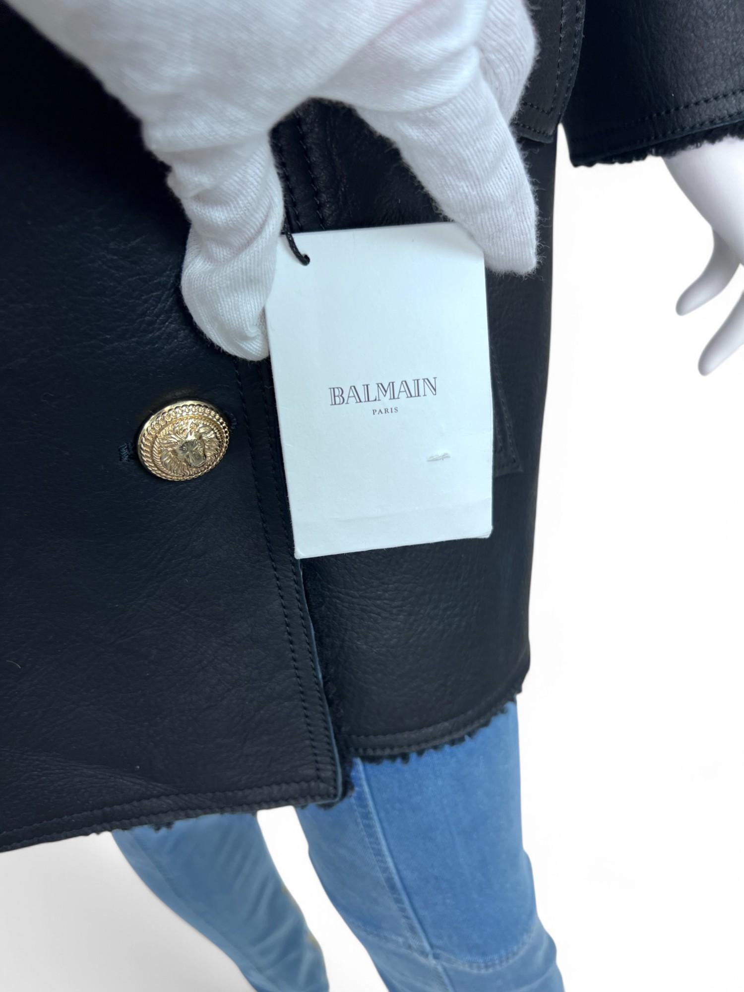 Balmain Black Double-Breasted Shearling Coat For Sale 4
