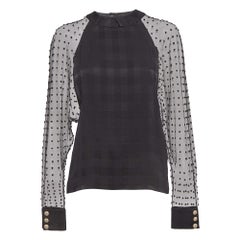Balmain Black Flocked Tulle and Silk Cuffed Sleeve Blouse M Balmain Black Flocked Tulle and Silk Cuffed Sleeve Blouse M