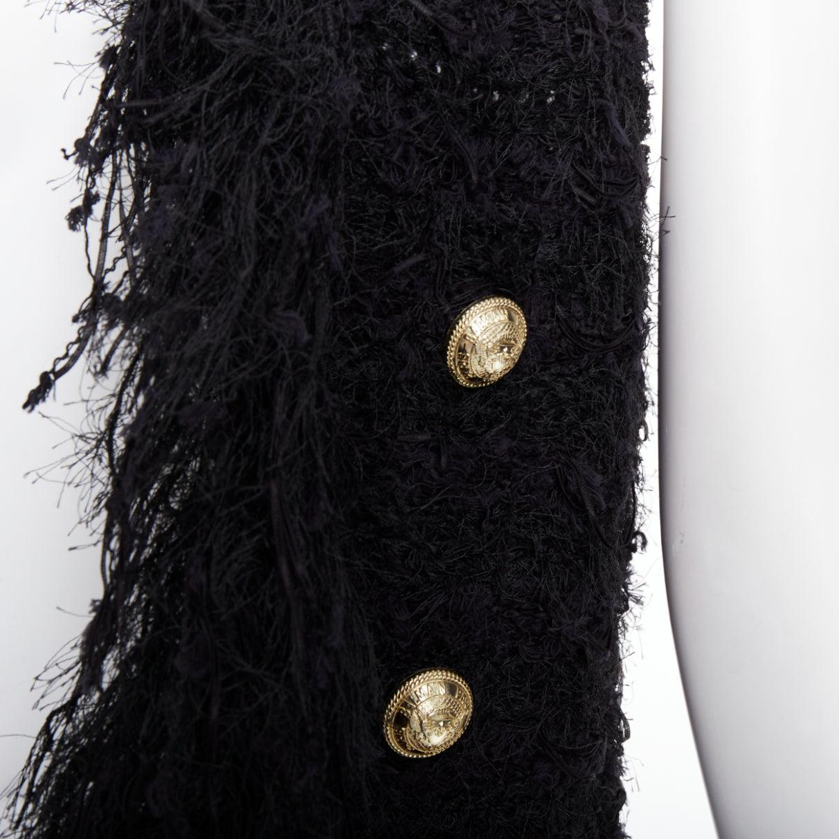 BALMAIN black fringe tweed gold varsity buttons drape front vest FR36 S (Grau) im Angebot