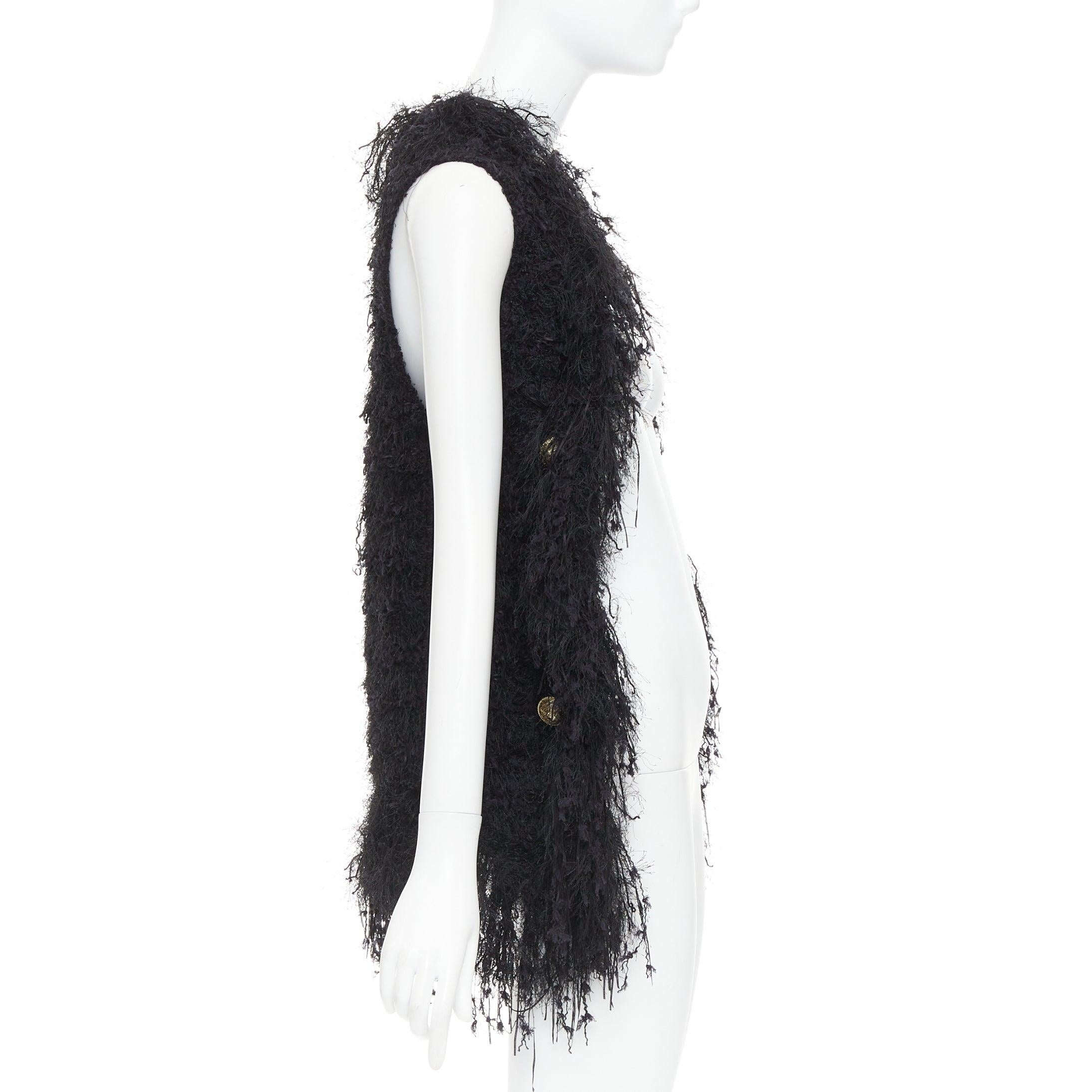 BALMAIN black fringe tweed gold varsity buttons drape front vest FR36 S im Zustand „Hervorragend“ im Angebot in Hong Kong, NT