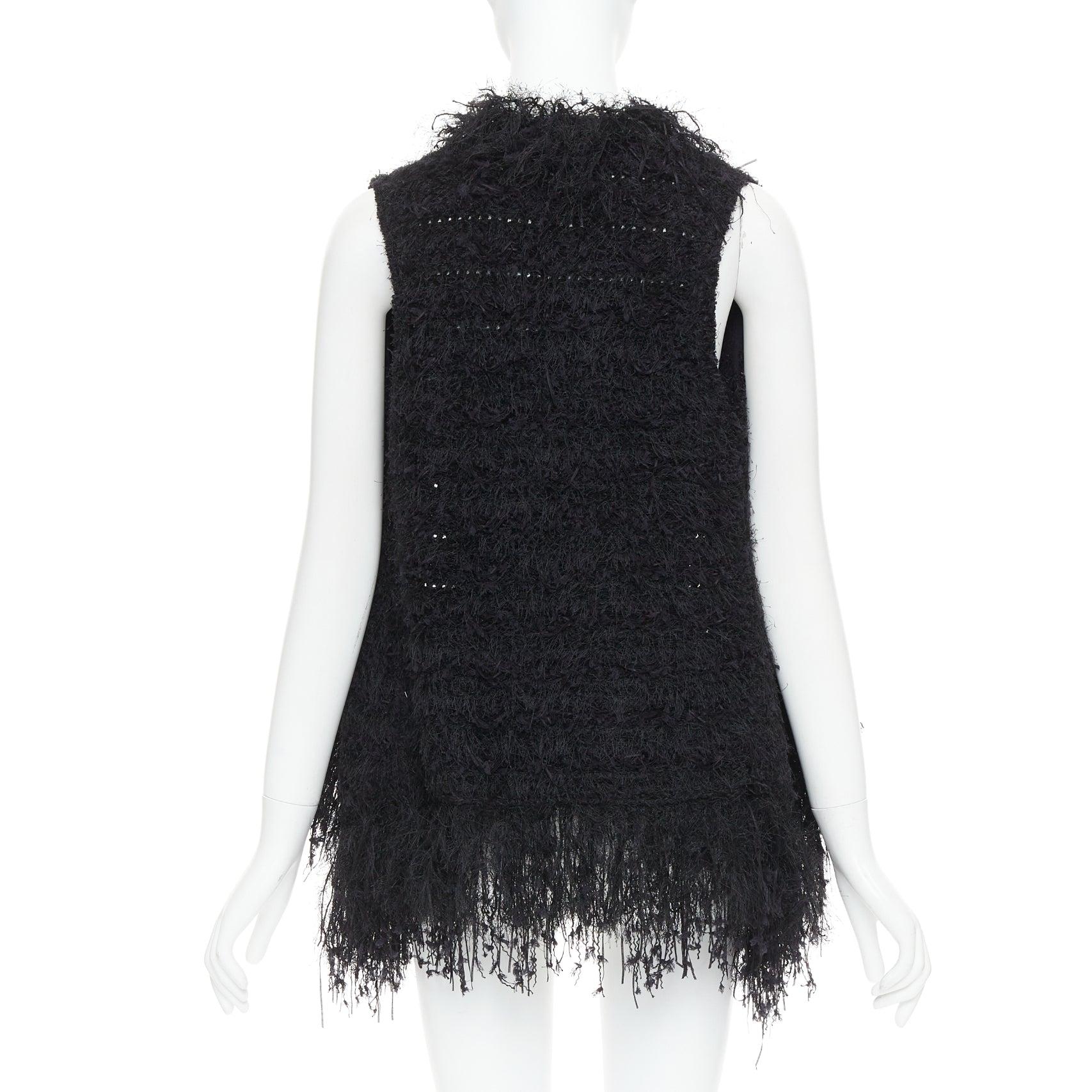 BALMAIN black fringe tweed gold varsity buttons drape front vest FR36 S Damen im Angebot