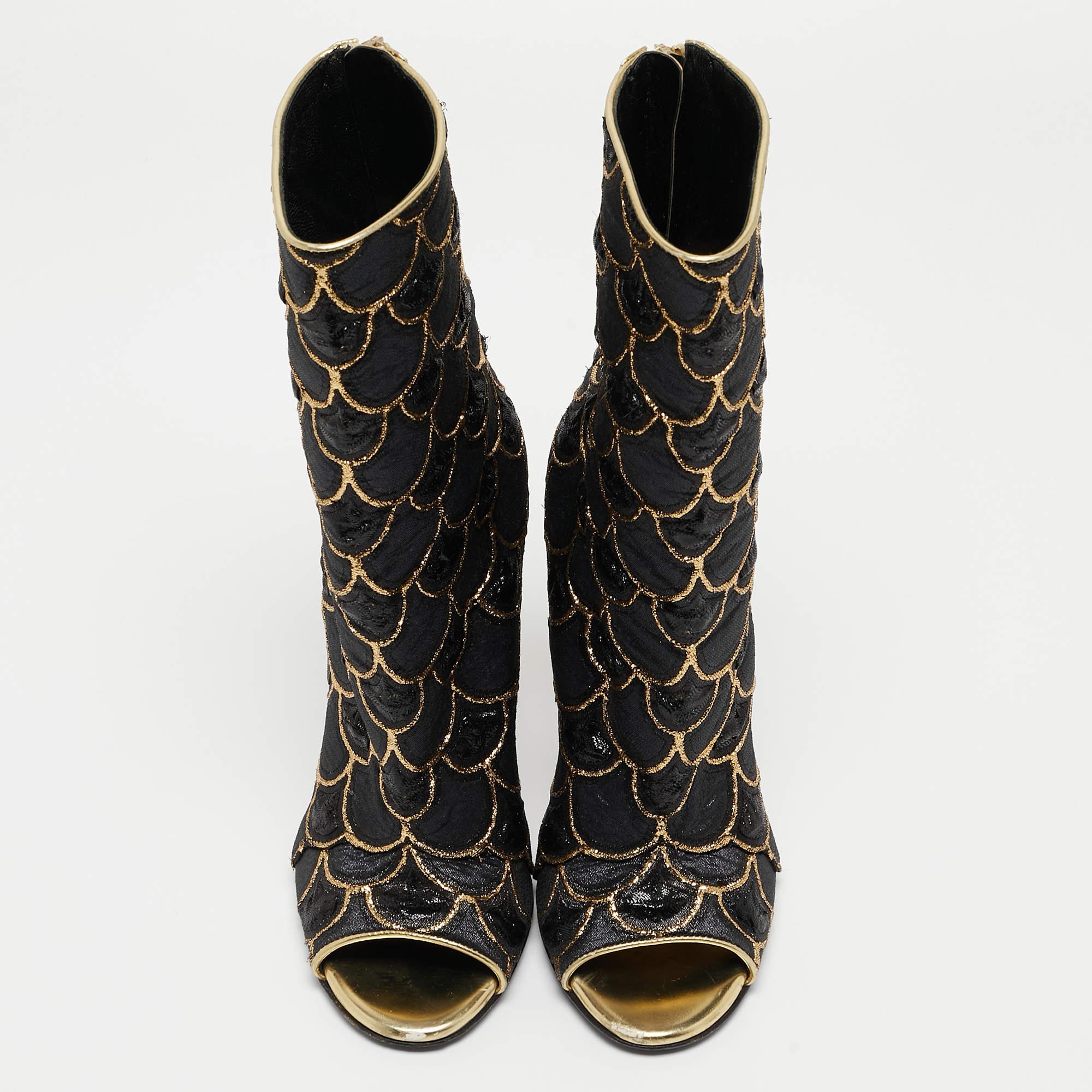Noir Bottines peep toes en toile et cuir noir/doré Balmain Taille 36