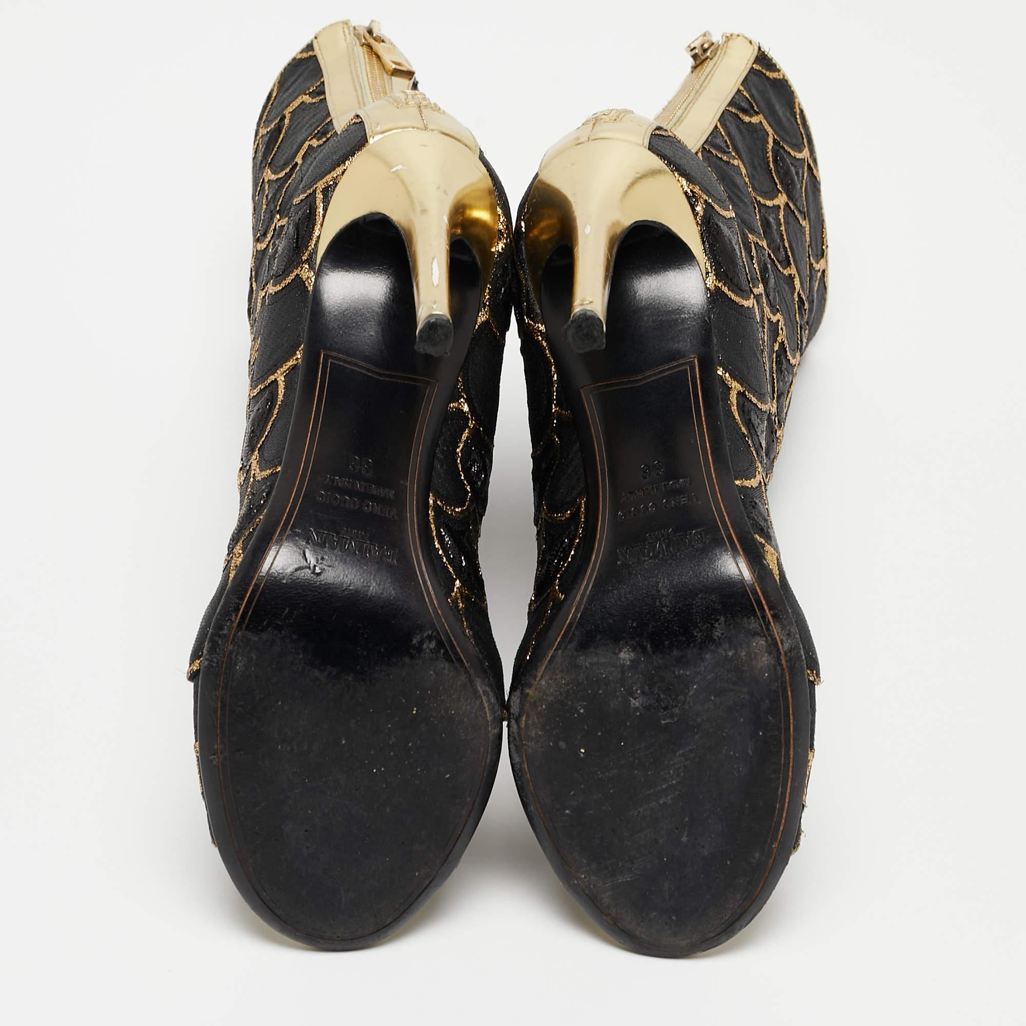 Bottines peep toes en toile et cuir noir/doré Balmain Taille 36 1