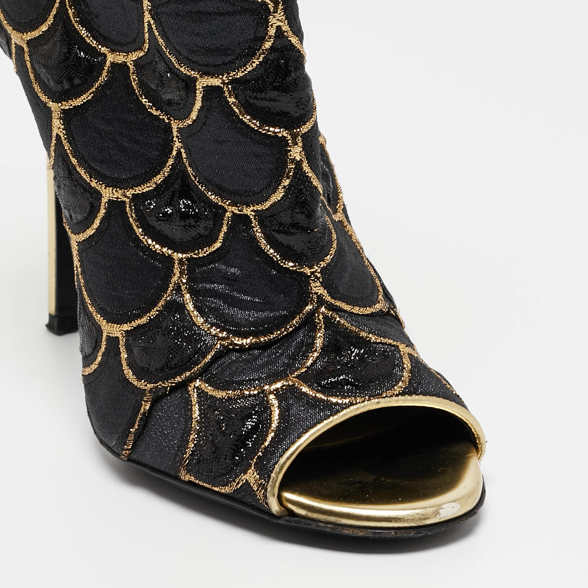Bottines peep toes en toile et cuir noir/doré Balmain Taille 36 2