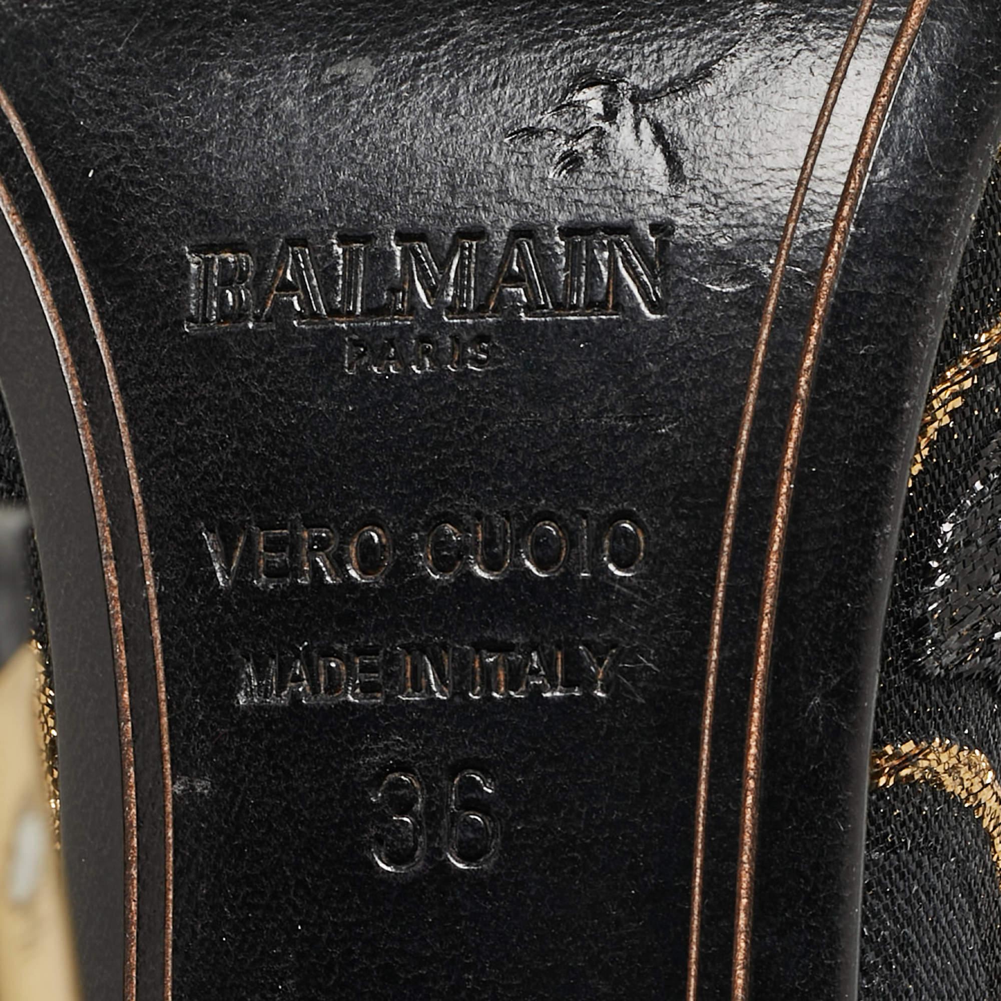 Bottines peep toes en toile et cuir noir/doré Balmain Taille 36 3