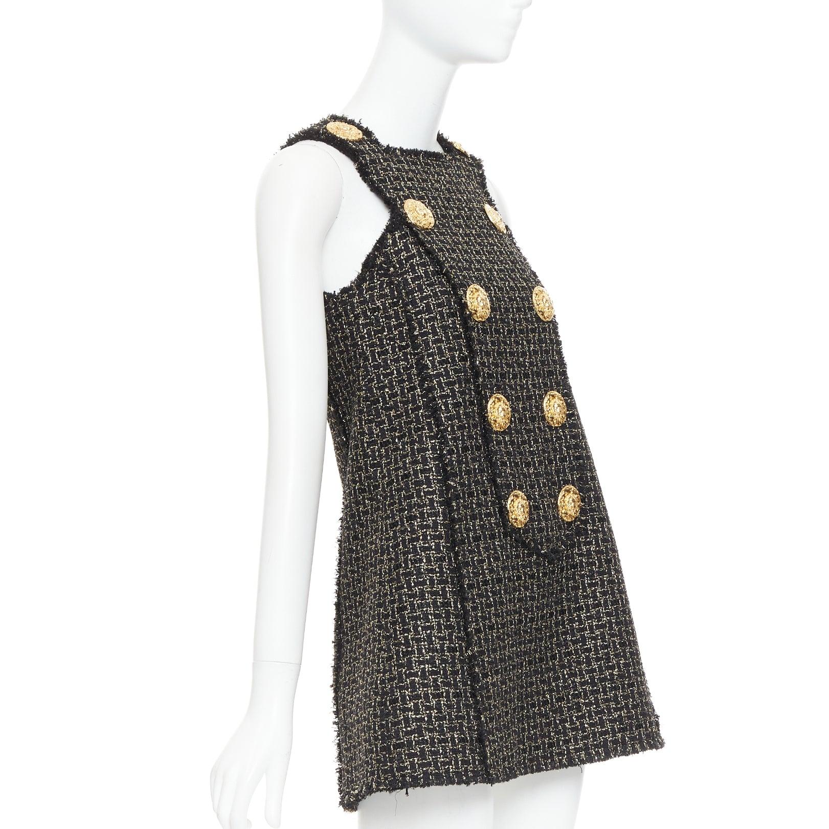 Nero Balmain oro nero Lion Heart tweed metallizzato Aline swing mini dress FR34 XS in vendita