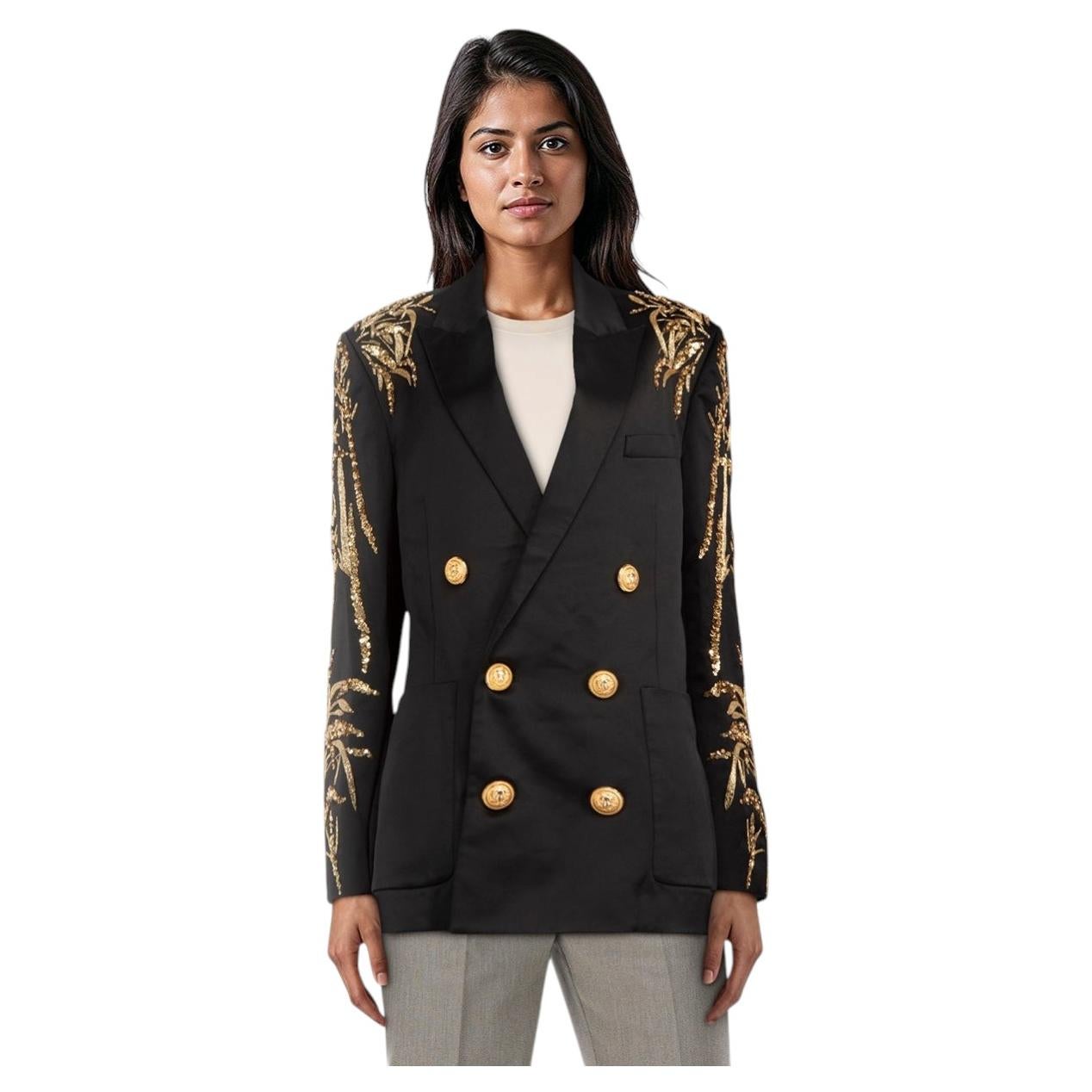 Balmain Black & Gold Sequin Double Breast Blazer Size 6XL