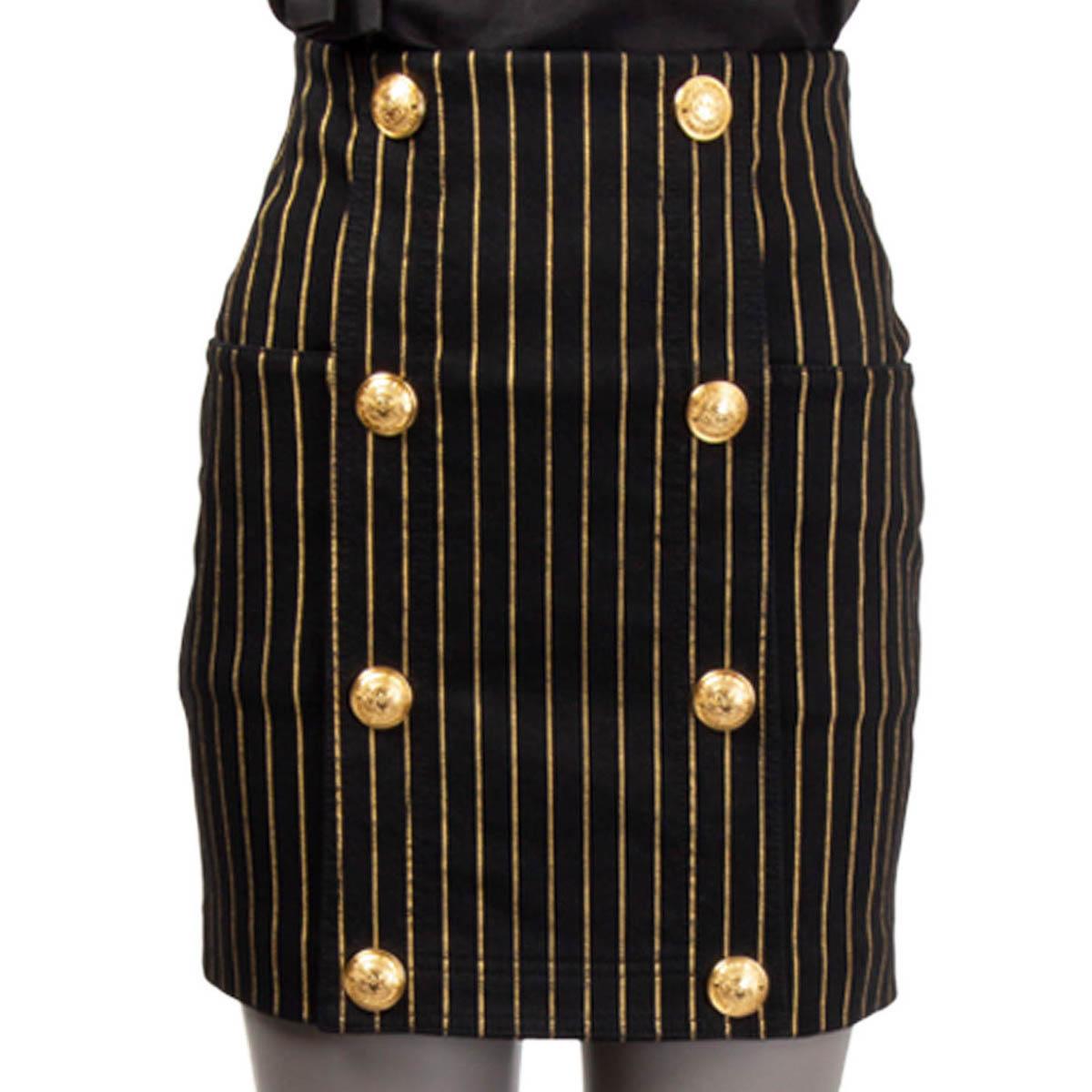 Black BALMAIN black & gold STRIPED BUTTONED HIGH WAISTED MINI Skirt 36 XS For Sale