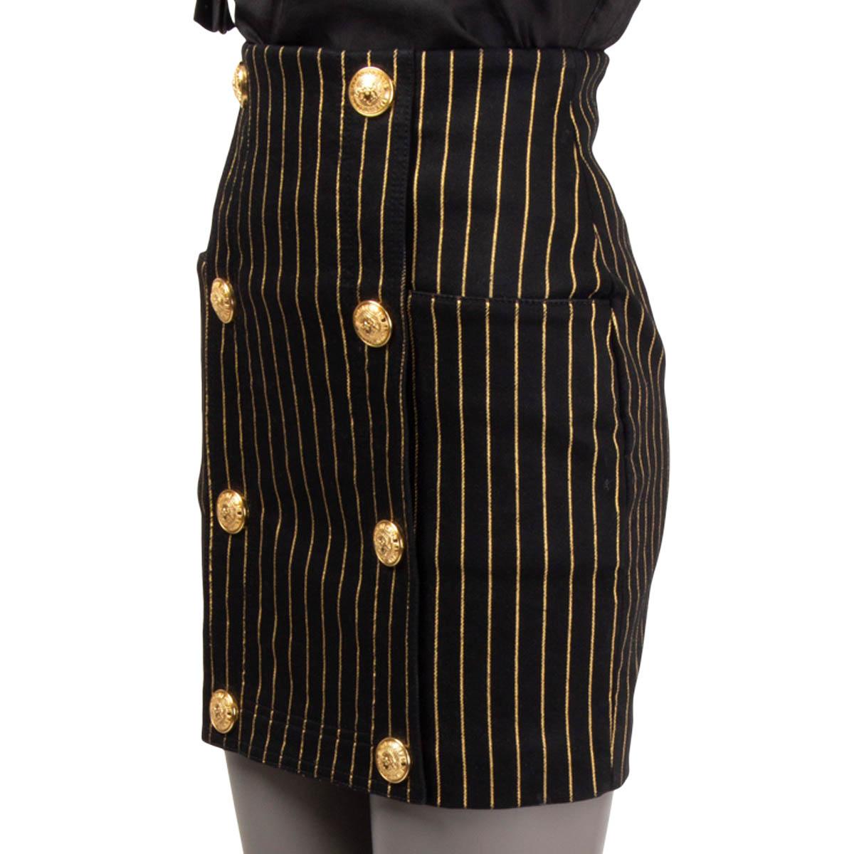 BALMAIN black & gold STRIPED BUTTONED HIGH WAISTED MINI Skirt 36 XS In Excellent Condition For Sale In Zürich, CH