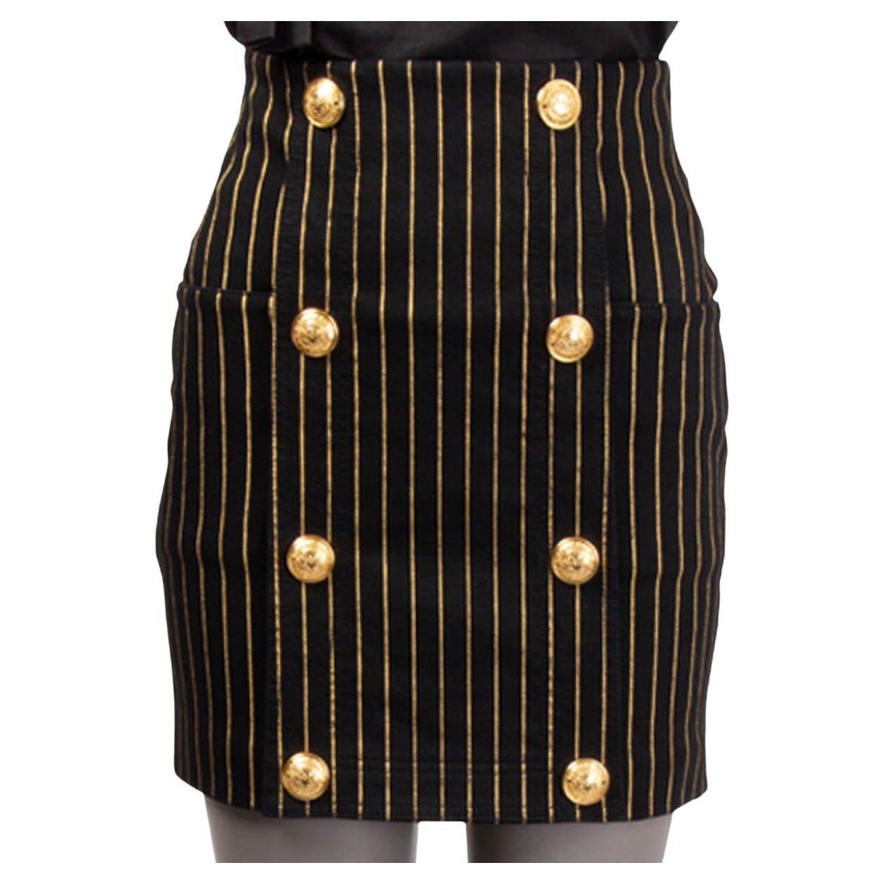 BALMAIN black & gold STRIPED BUTTONED HIGH WAISTED MINI Skirt 36 XS For Sale