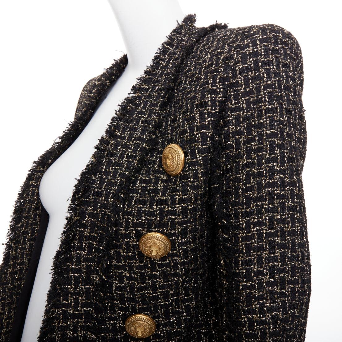 BALMAIN black gold tweed gold lion head buttons power jacket FR34 XS
Reference: AAWC/A01432
Brand: Balmain
Designer: Olivier Rousteing
Material: Viscose, Blend
Color: Black, Gold
Pattern: Tweed
Lining: Black Fabric
Extra Details: Black/gold-tone.