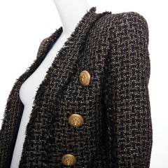 BALMAIN black gold tweed gold lion head buttons power jacket FR34 XS