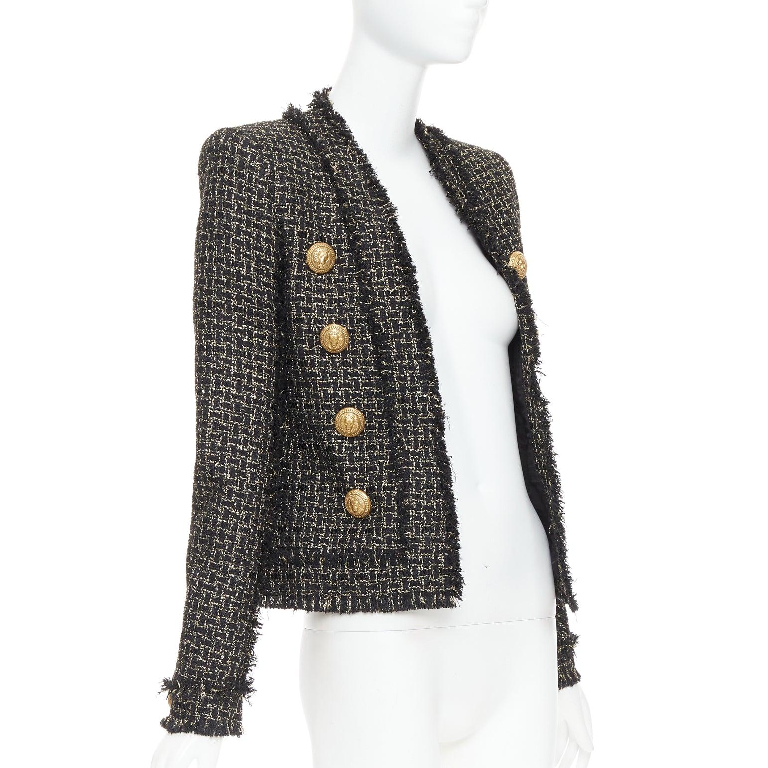 BALMAIN black gold tweed gold lion head buttons power jacket FR34 XS (Schwarz) im Angebot