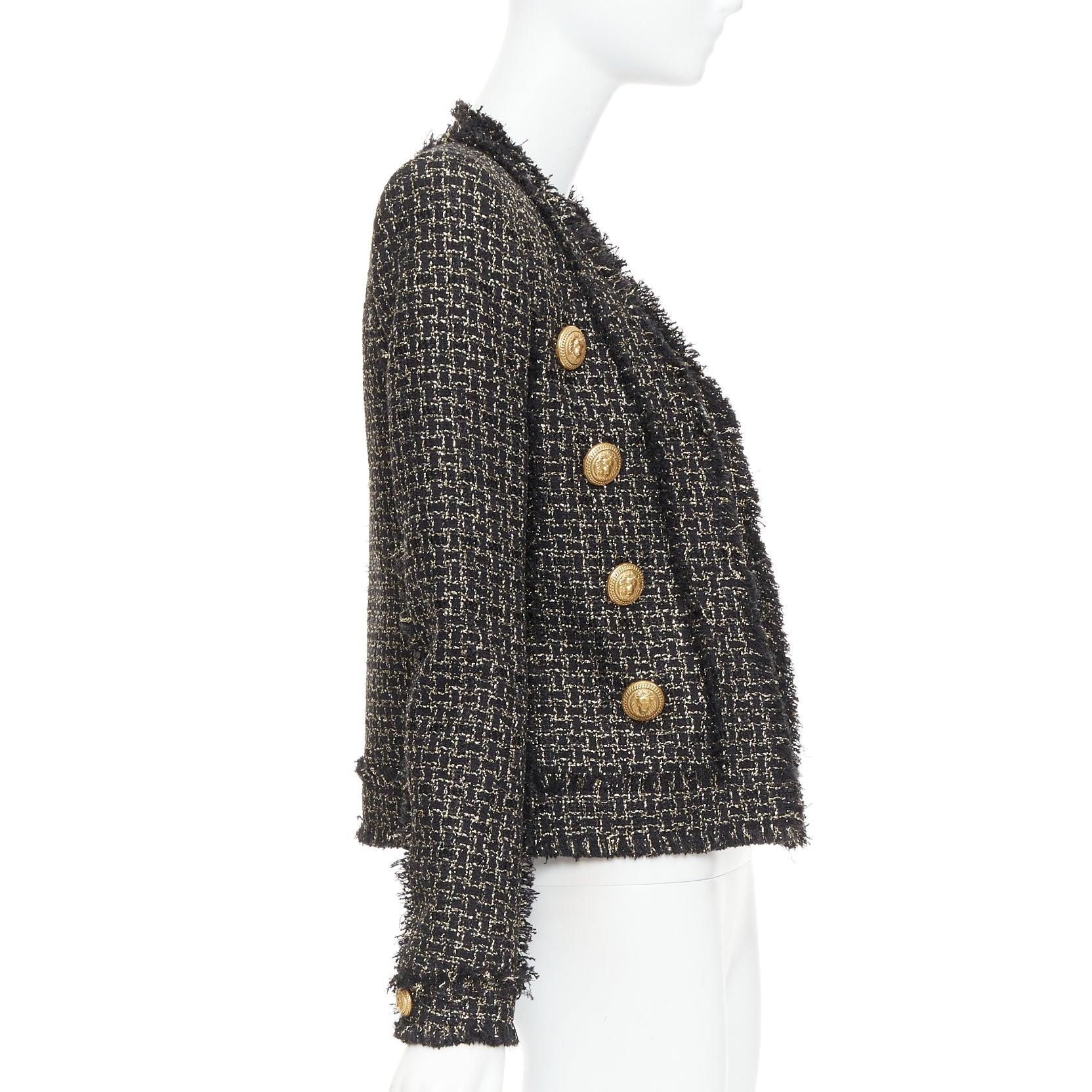 BALMAIN black gold tweed gold lion head buttons power jacket FR34 XS im Zustand „Hervorragend“ im Angebot in Hong Kong, NT