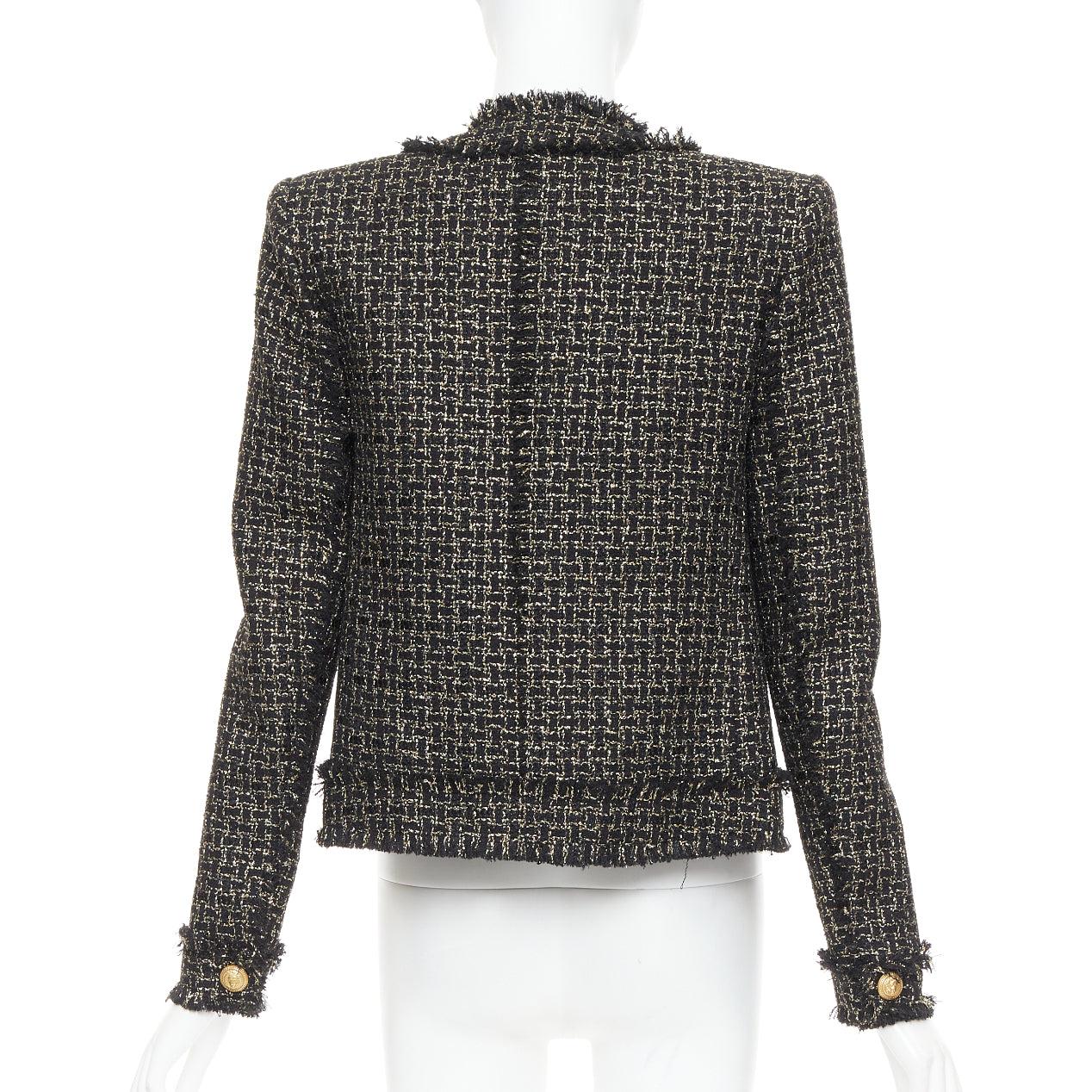 BALMAIN black gold tweed gold lion head buttons power jacket FR34 XS Damen im Angebot