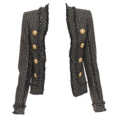 BALMAIN Schwarz Gold Tweed Gold Löwenkopf Knöpfe Power Jacke FR34 XS