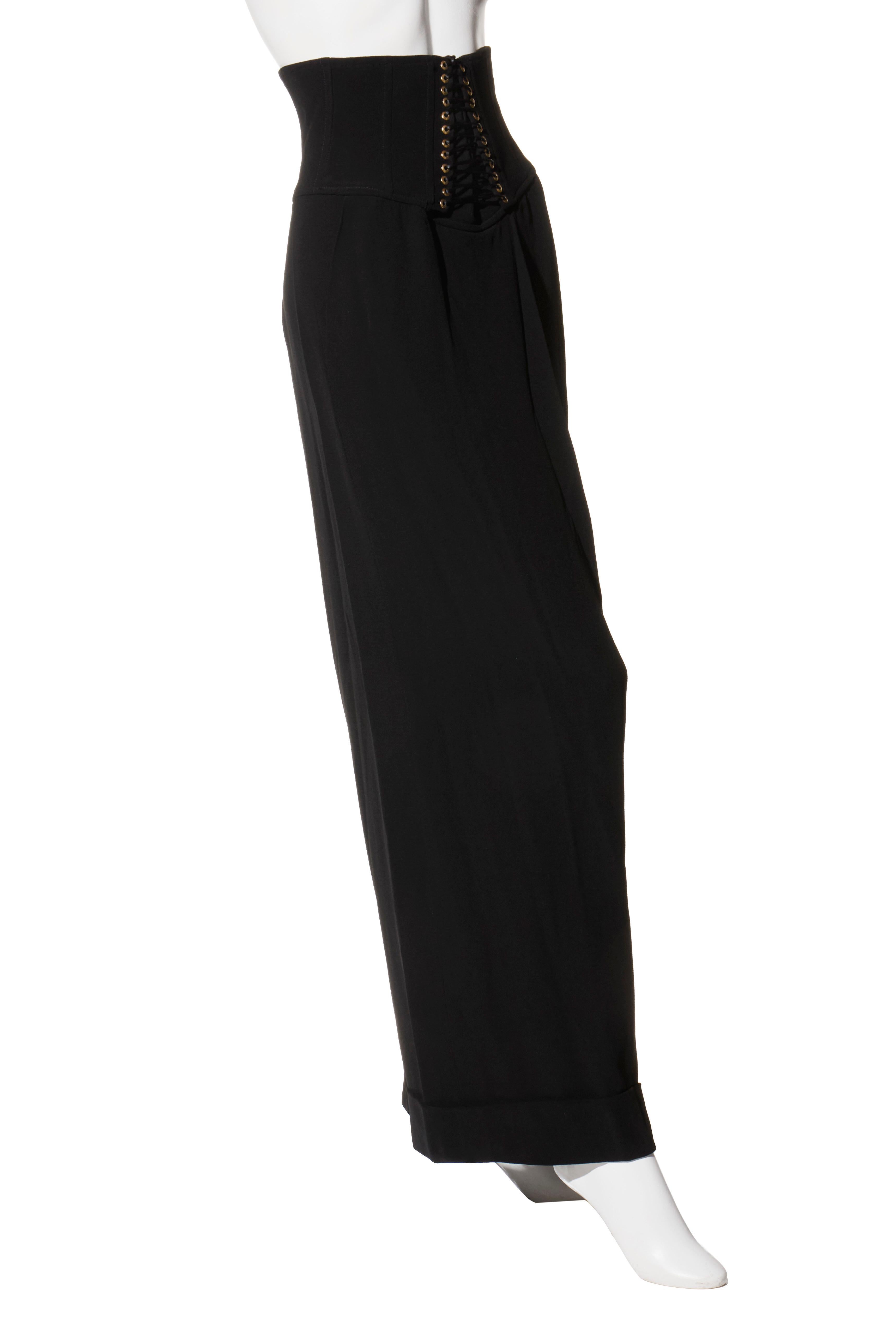 Balmain Black High-Waisted Corset Wide-Leg Pants Gold Lace-Up Detail Size 36 In Excellent Condition For Sale In Woodland Hills, CA