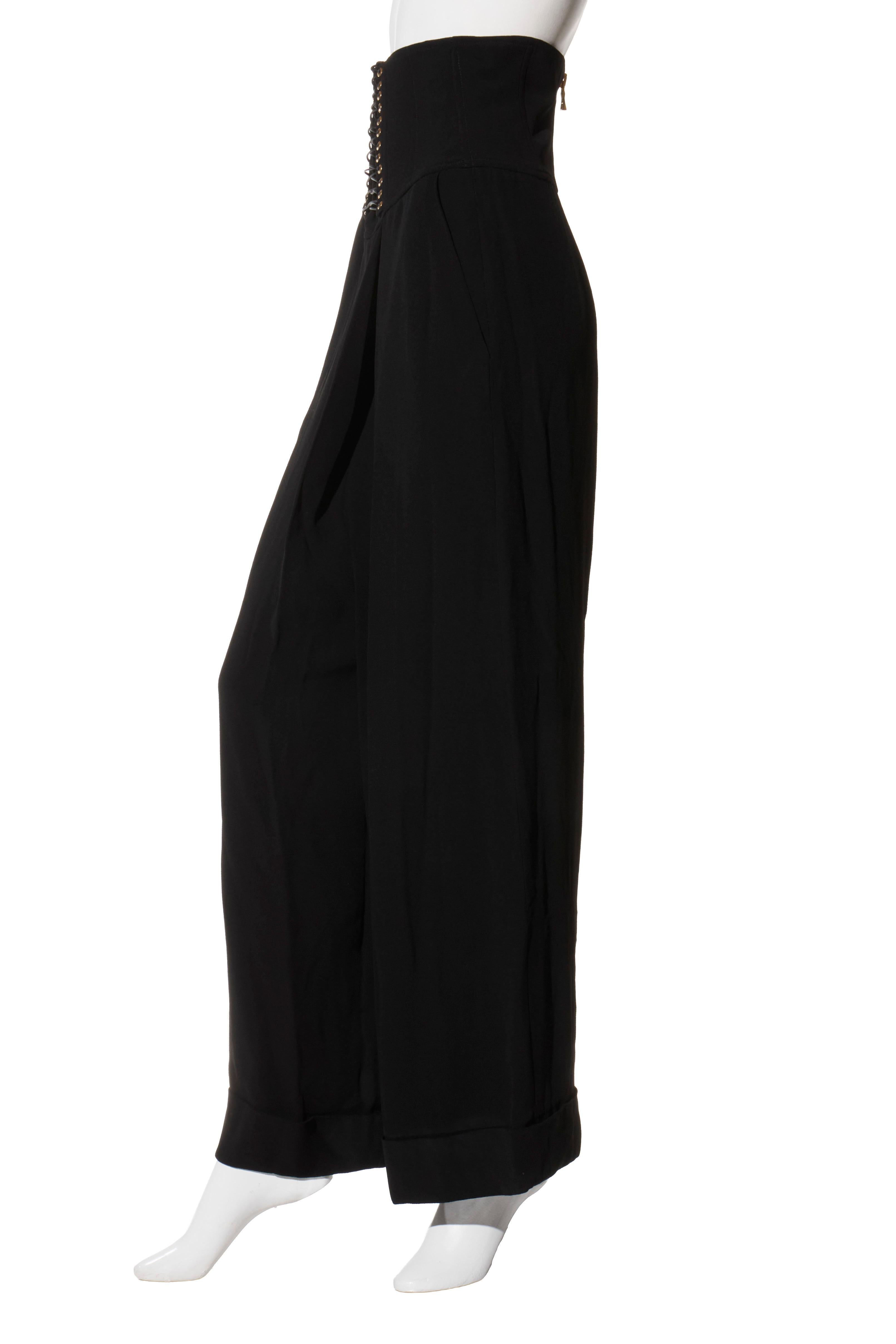Women's Balmain Black High-Waisted Corset Wide-Leg Pants Gold Lace-Up Detail Size 36 For Sale
