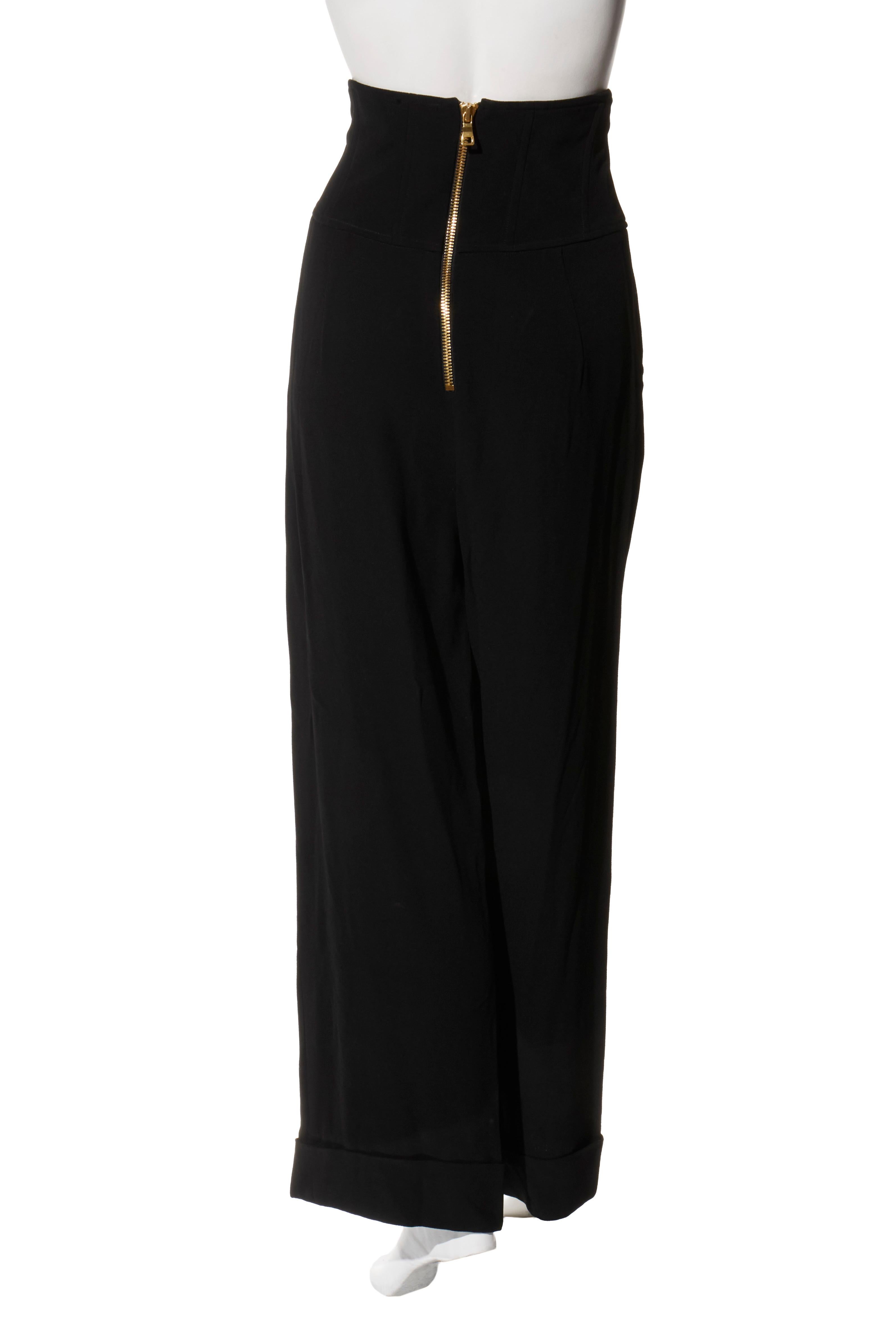 Balmain Black High-Waisted Corset Wide-Leg Pants Gold Lace-Up Detail Size 36 For Sale 1