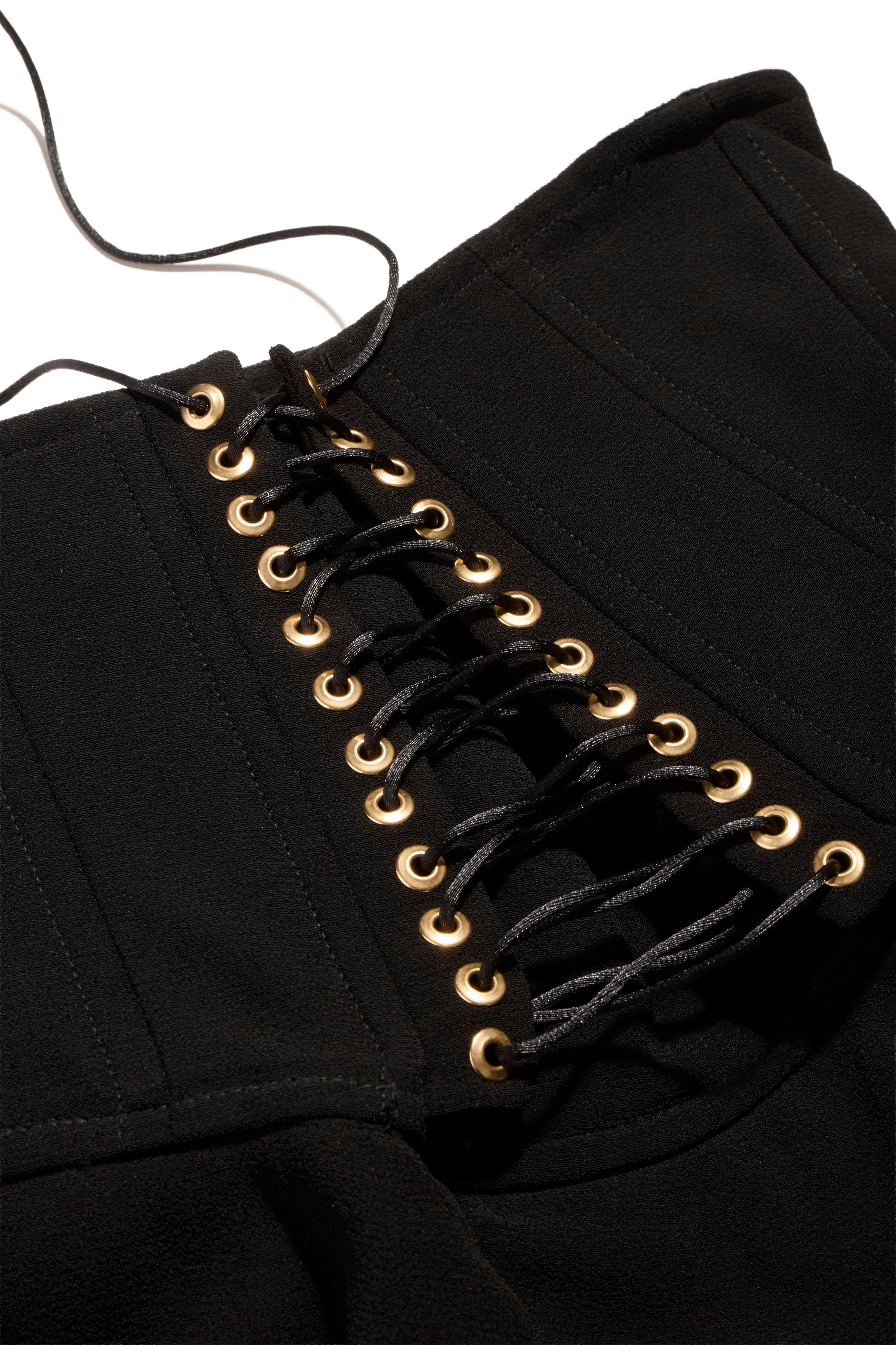 Balmain Black High-Waisted Corset Wide-Leg Pants Gold Lace-Up Detail Size 36 For Sale 2