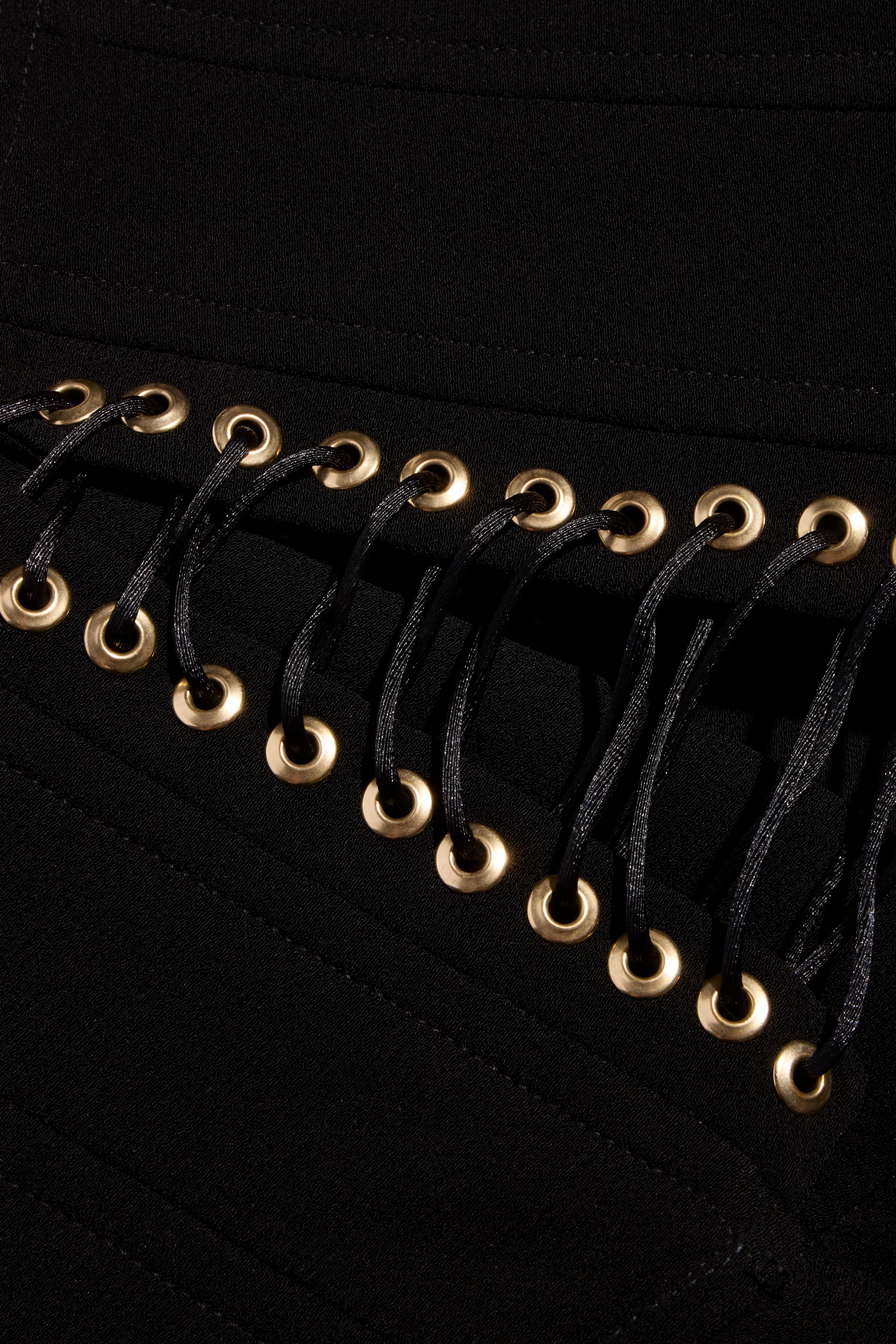 Balmain Black High-Waisted Corset Wide-Leg Pants Gold Lace-Up Detail Size 36 For Sale 3