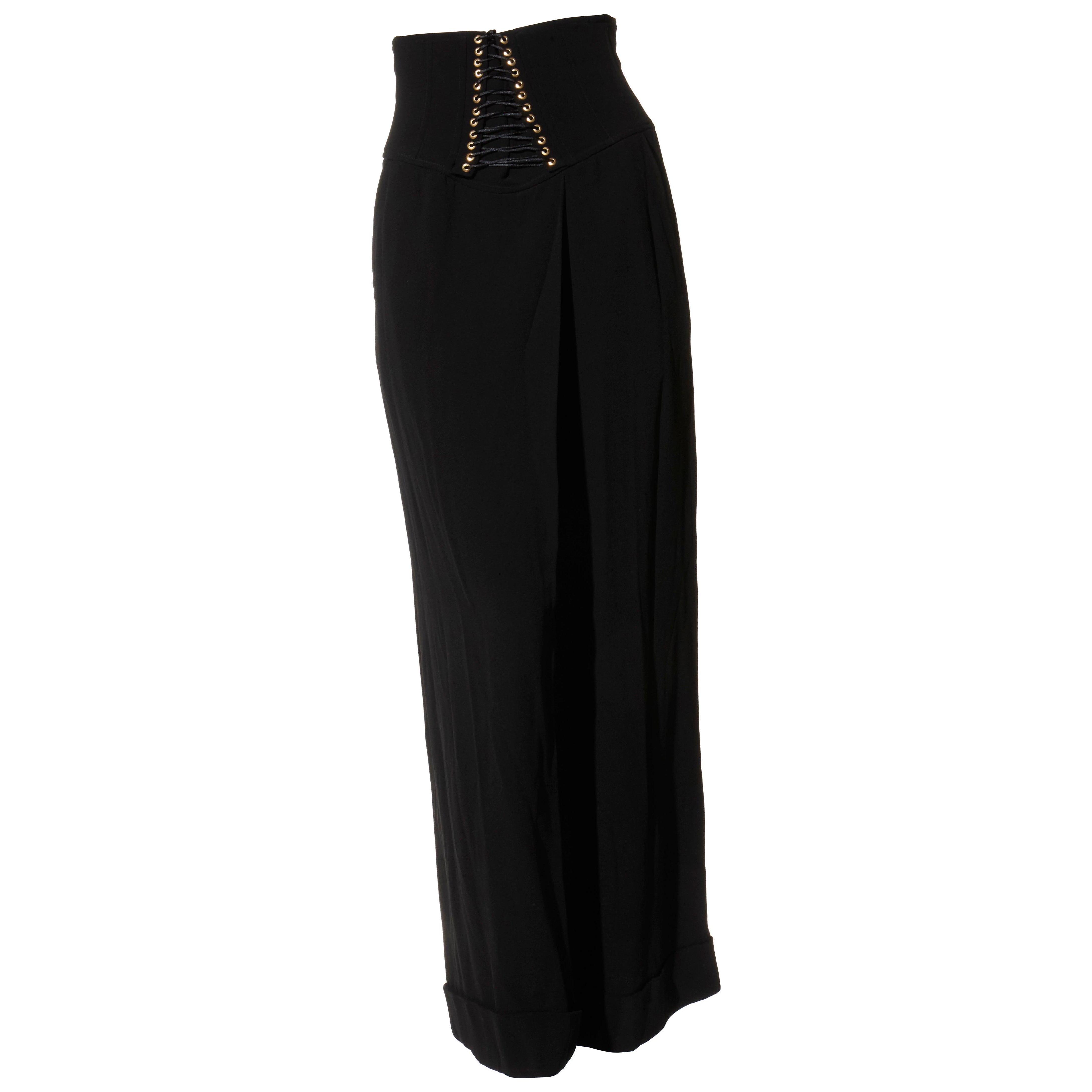 Balmain Black High-Waisted Corset Wide-Leg Pants Gold Lace-Up Detail Size 36 For Sale