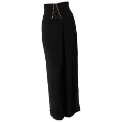 Balmain Black High-Waisted Corset Wide-Leg Pants Gold Lace-Up Detail Size 36