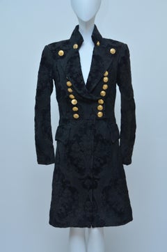 BALMAIN Black Jacquard Brocade Military Coat 36 FR NEW Retailed  $18, 020