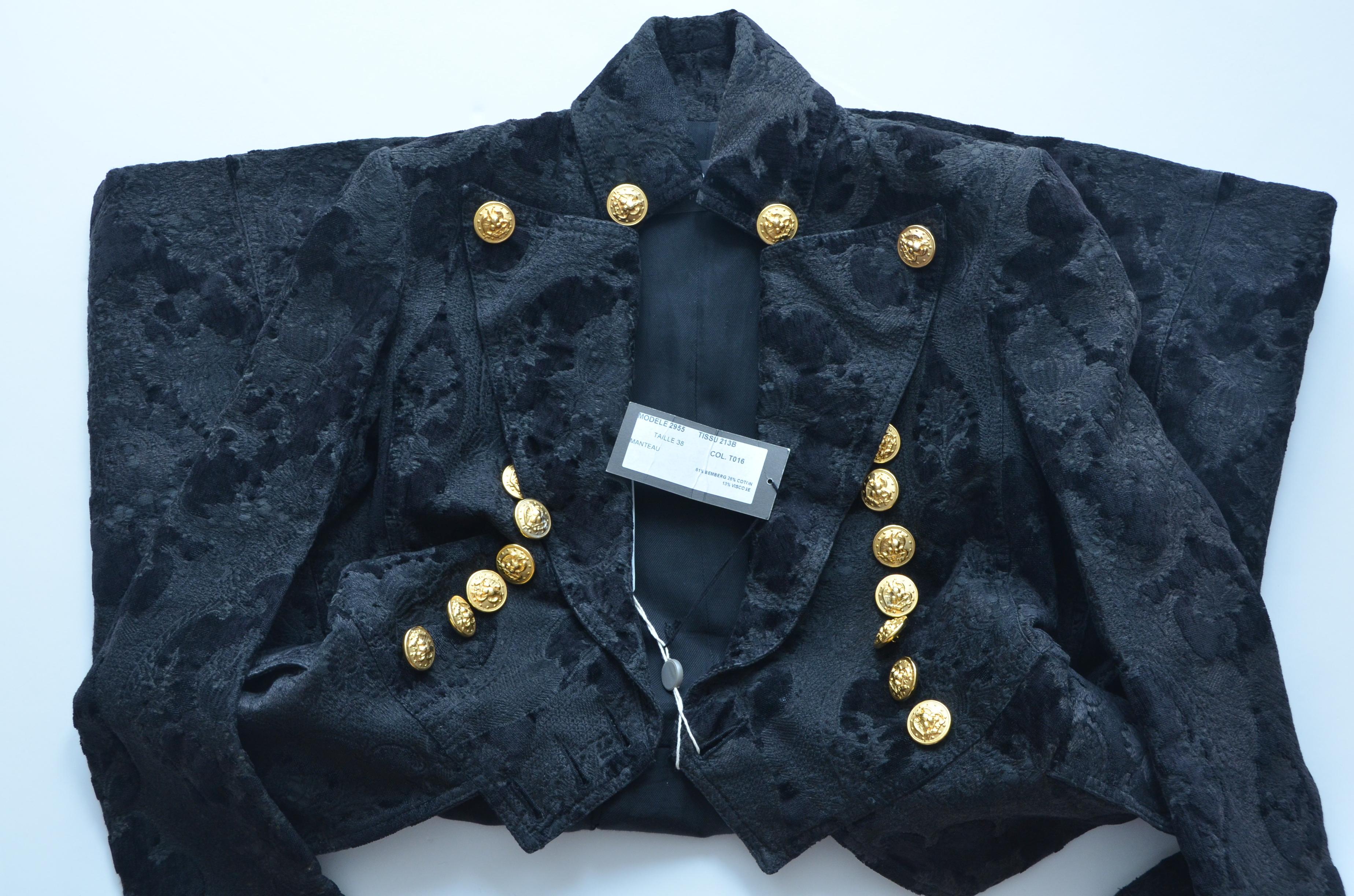 Women's or Men's BALMAIN Black Jacquard Brocade Military Coat 36 FR NEW Retailed  $18, 020