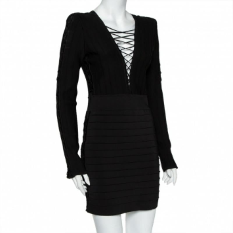 Balmain Black Knit Lace Up Detail Mini Dress M In Excellent Condition For Sale In Dubai, Al Qouz 2